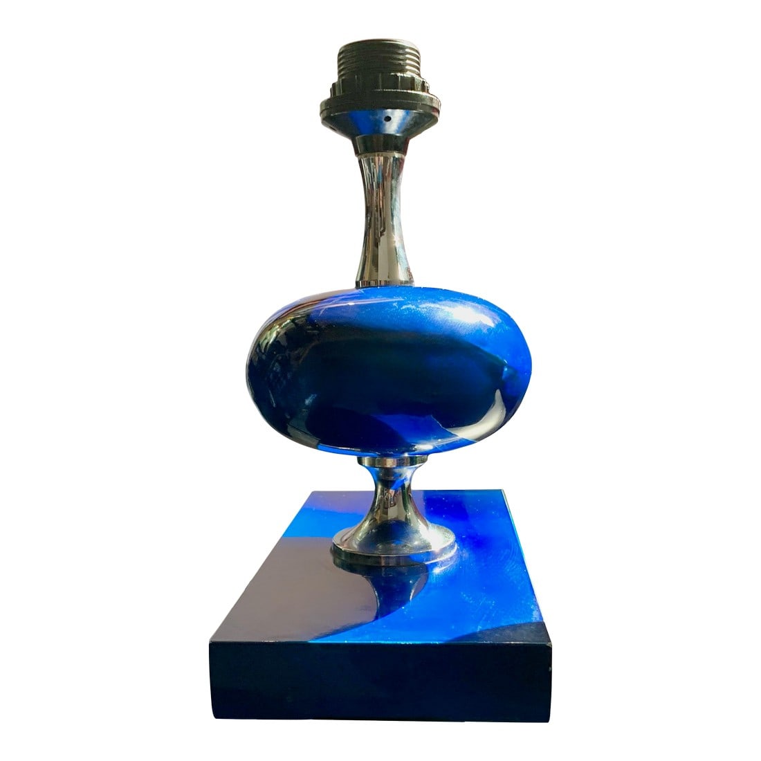 Mid-Century French Modern Blue Enameled Brass Geometric Lamp, Maison Barbier Attributed: Midcentury French modern enamelled brass geometric lamp, blue, Maison Barbier, 1970s. Rare sculptural mod-century piece. Lamp body comprised of two main parts, one elliptical and the other rectangular
