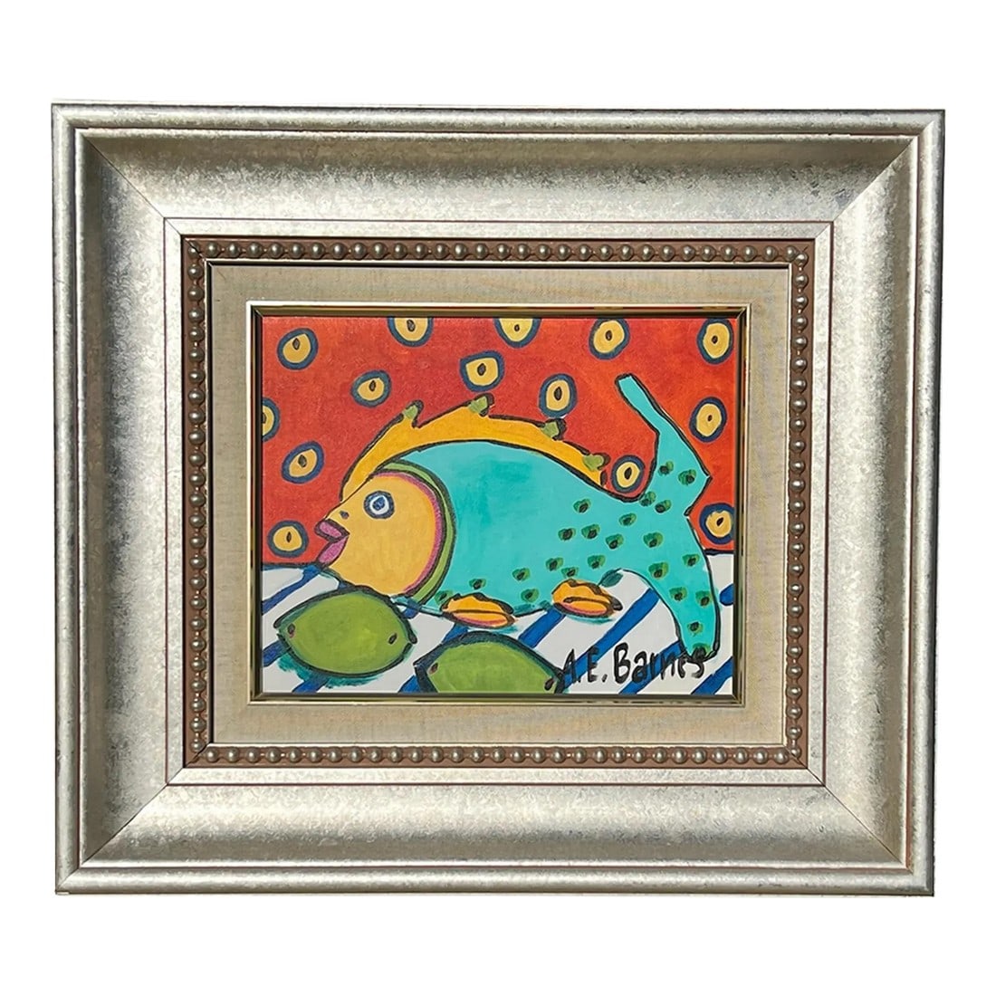 Original Still Life Painting by A. E. Barnes, Fish & Limes, Signed: A. E. Barnes, known as Ellie, is a distinguished artist renowned for her vibrant and colorful still lifes. Influenced by the Fauvist movement, her paintings capture the beauty of everyday objects