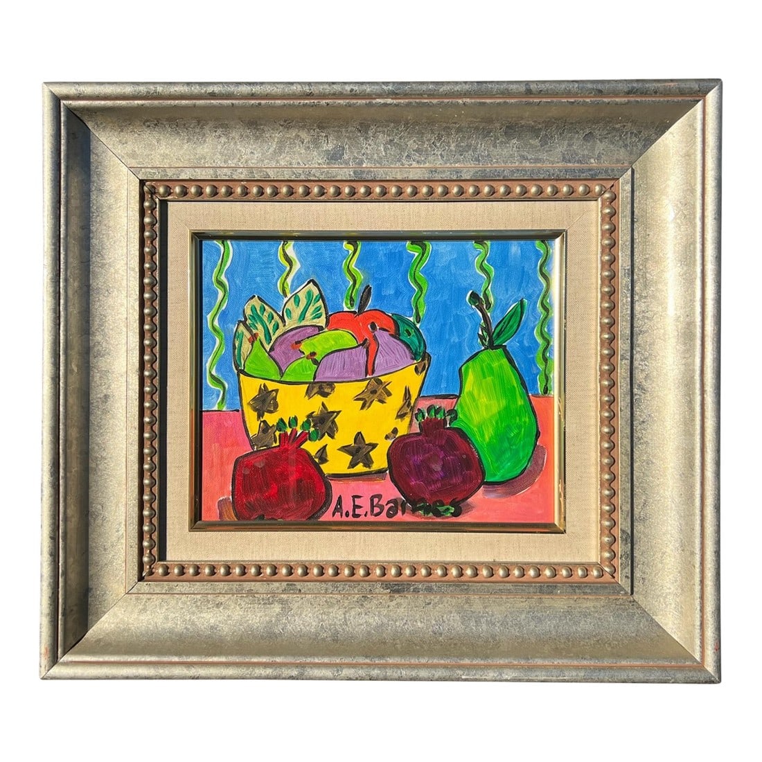 Original Still Life Pomegranates & Pears, A. E. Barnes, Signed.: A. E. Barnes, known as Ellie, is a distinguished artist renowned for her vibrant and colorful still lifes. Influenced by the Fauvist movement, her paintings capture the beauty of everyday objects