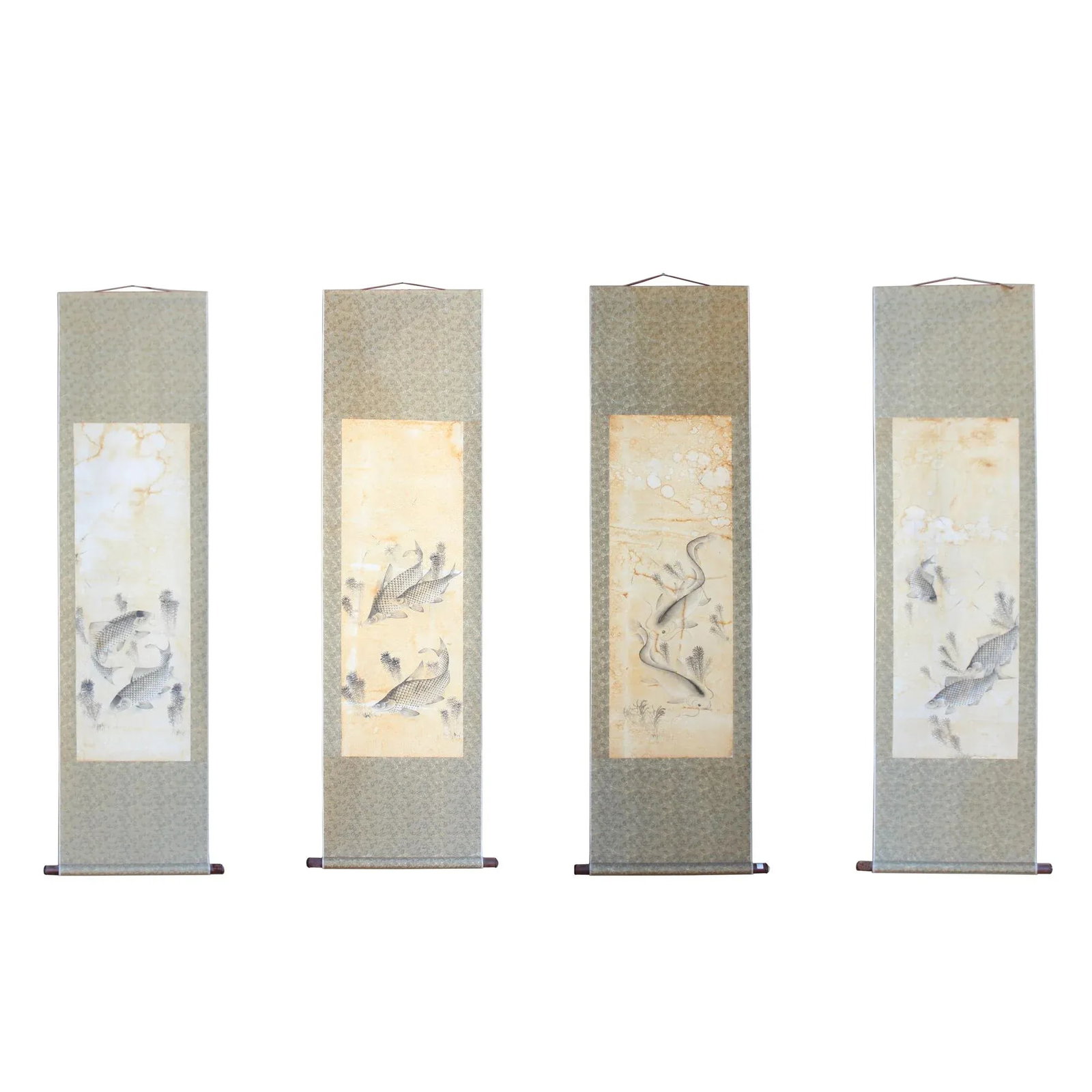 Chinese Calligraphy Ink Fishes Drawing Scroll Paintings Wall Art - Set of 4 - 10