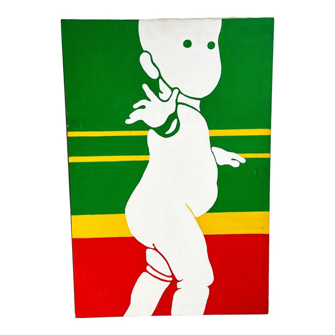 Vintage 1970s Pop Art Modernist Portrait Painting by Sarah Senter Thompson: Playful and vibrant, this captivating Pop Art portrait painting by artist Sarah Senter Thompson is a bold burst of color and charm. Created in 1971, it features a stylized, graphic silhouette of a chi