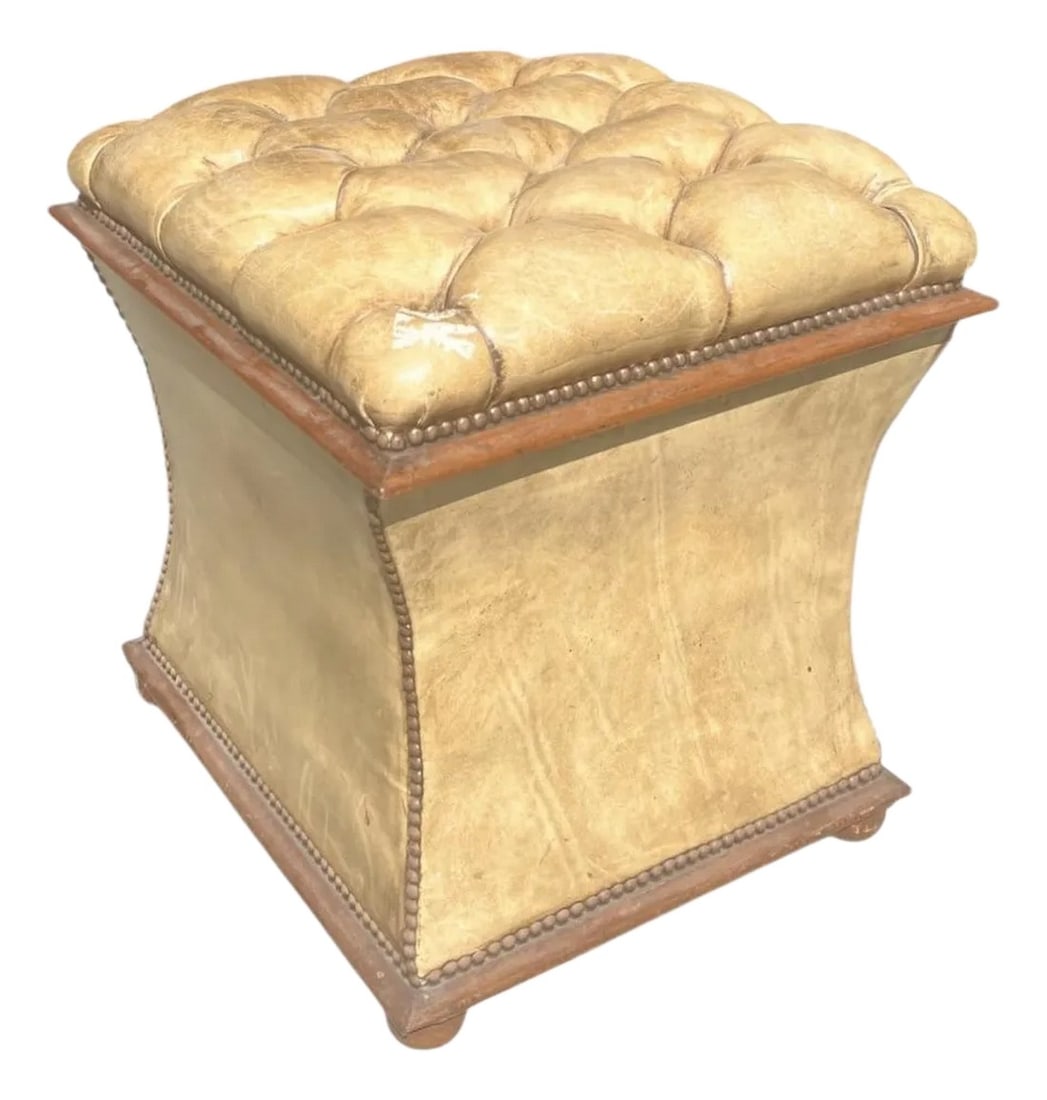 English Leather Upholstered Victorian Ottoman With Storage: A handsome antique English leather storage ottoman, in an interesting buckskin or camel color, with deeper brown accents and brass tacked edges. From the latter 19th century, interior has been