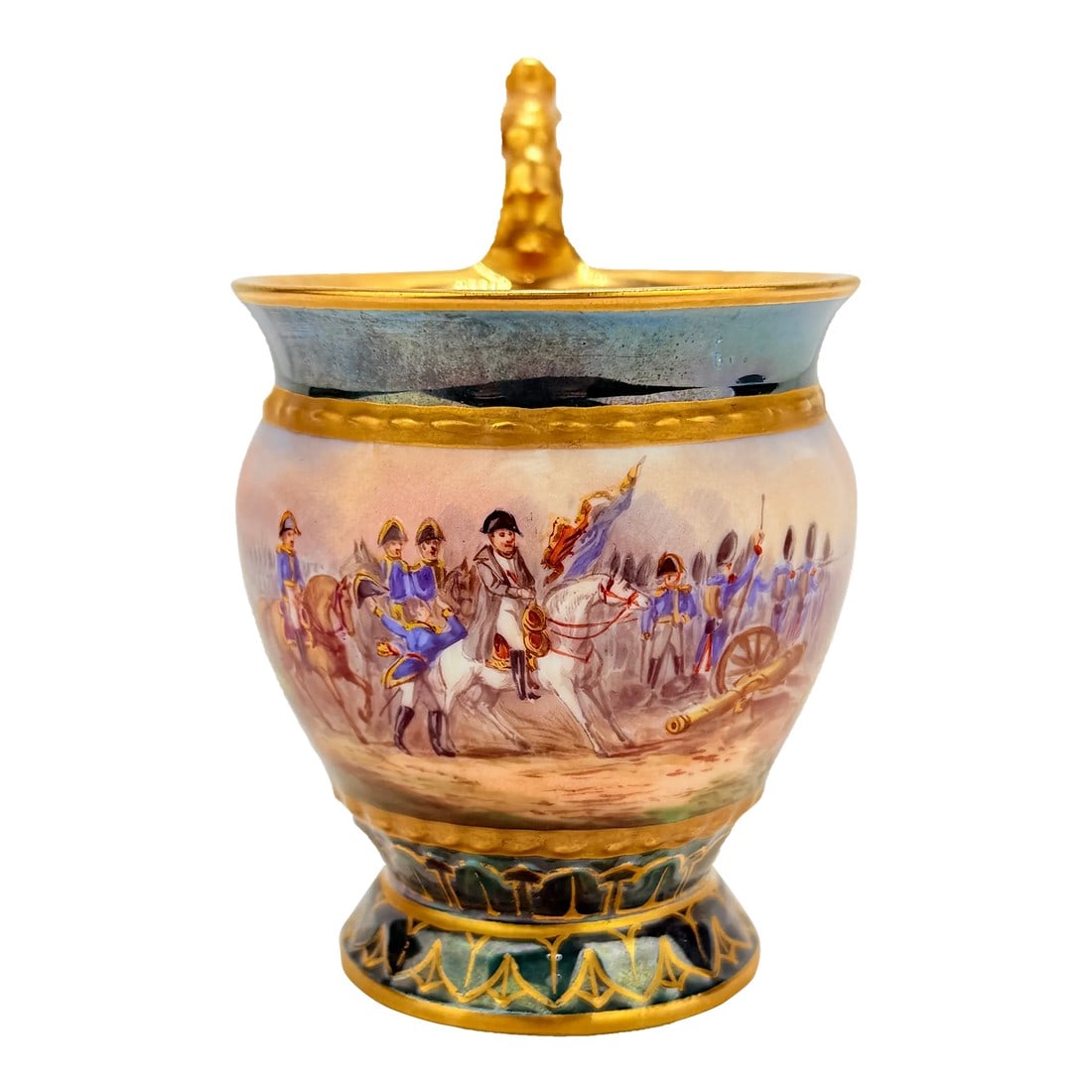 19th Century, Sevres Style "Battle of Waterloo" Porcelain Cup - Signed Desprez: This finely painted porcelain cup and cover commemorating the Battle of Waterloo is a masterful example of 19th-century French historicist ceramic art, signed in the enamel at lower right within the