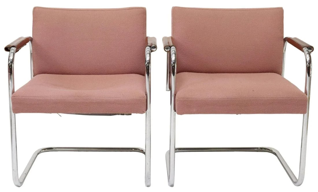 1970s Vintage Mid-Century Cantilever Chromed Steel Armchairs in the Style of Bauhaus Mies Van Der Ro - 2