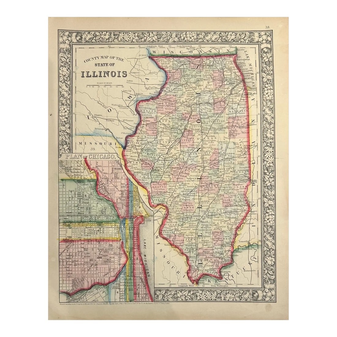 Map of Illinois With Plan of Chicago Inset by Samuel Mitchell, 1863: Original Steel Engraving by Samuel Mitchell, 1863. A beautifully detailed 19th-century county map of Illinois, enhanced with original hand coloring and surrounded by an ornate decorative floral border