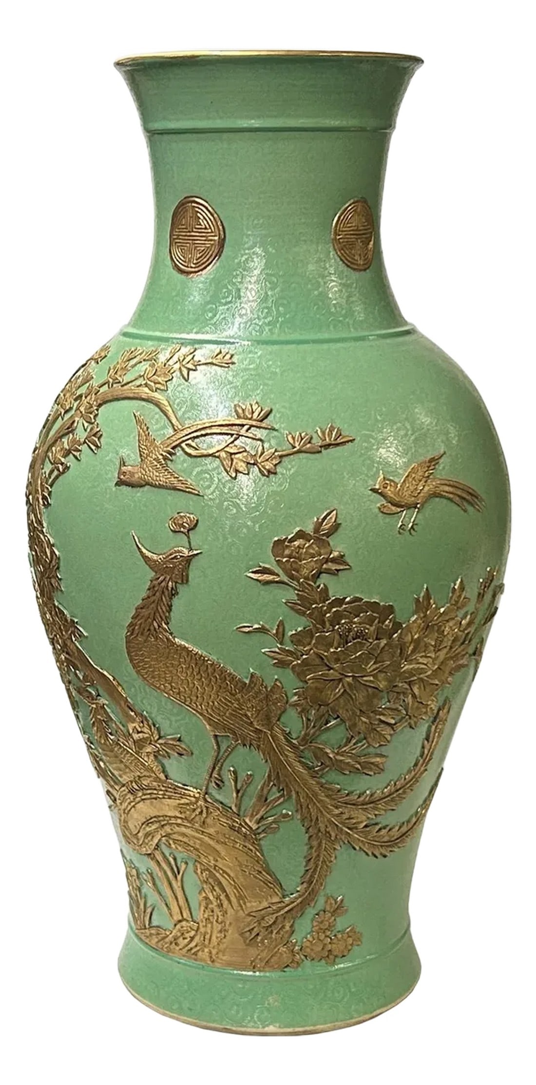 Vintage Chinese Pastel Green Turquoise Golden Birds Porcelain Vase: The is a tall and gracefully shaped Chinese celadon pastel green color vase. The vase features a smooth, pale green glaze that is characteristic of celadon ware. The body swells gently before