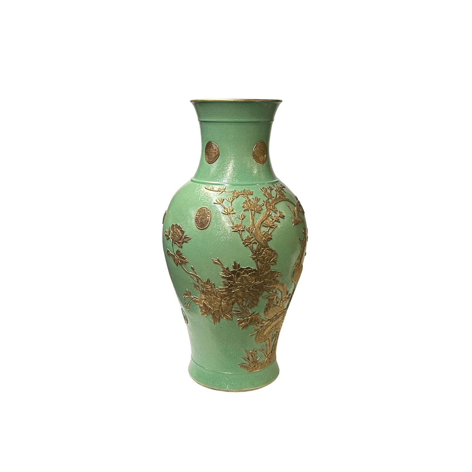 Vintage Chinese Pastel Green Turquoise Golden Birds Porcelain Vase - 4