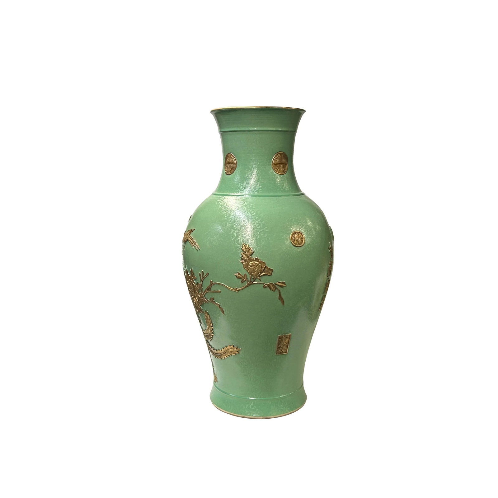 Vintage Chinese Pastel Green Turquoise Golden Birds Porcelain Vase - 5