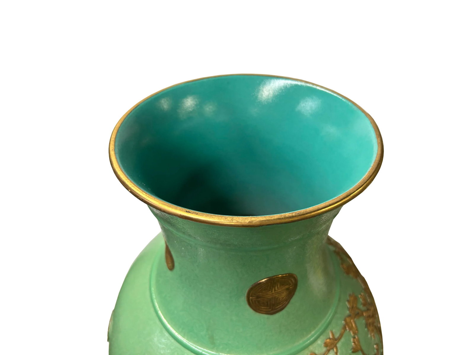 Vintage Chinese Pastel Green Turquoise Golden Birds Porcelain Vase - 7