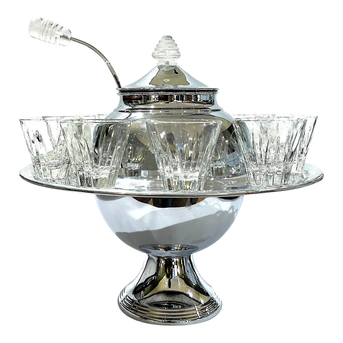 1940's Art Deco Lehman Brothers Saturn Ring Chrome Punch Bowl Set- 11 Pieces: What better way to punch up a party than with this magnificent Art Deco punch bowl set? Created by Lehman Brothers of New York City in the 1940's. Round punch bowl has a ilid topped with a ridged luci