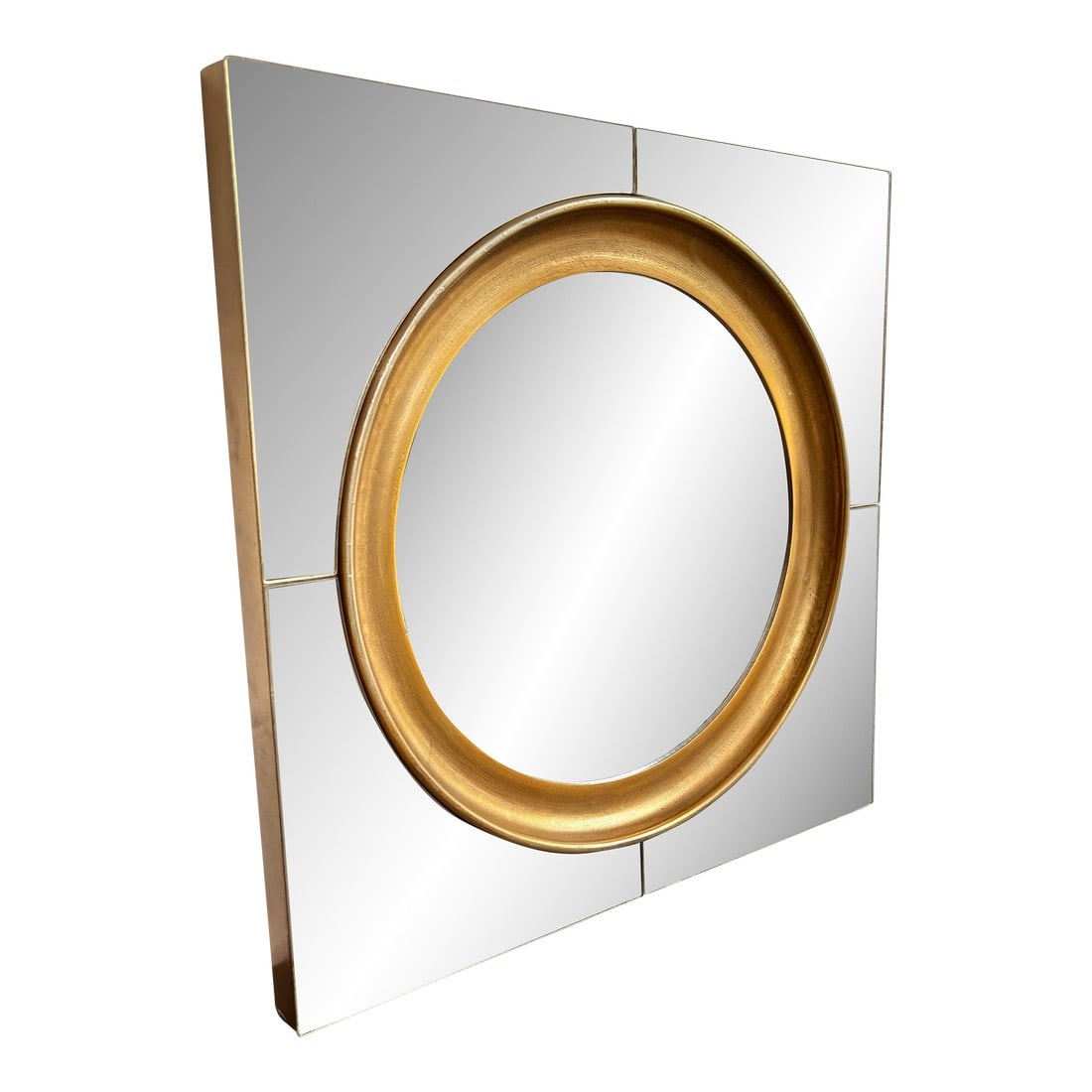 Uttermost Round Mirror on Square Glass and Brass Frame: Uttermost round beveled mirror, surrounded by a gold frame and square glass panels with an antiqued effect. Perfect for brightening up a space. Includes hardware for hanging at either a diagonal or