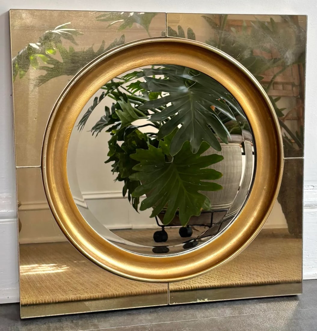 Uttermost Round Mirror on Square Glass and Brass Frame - 2