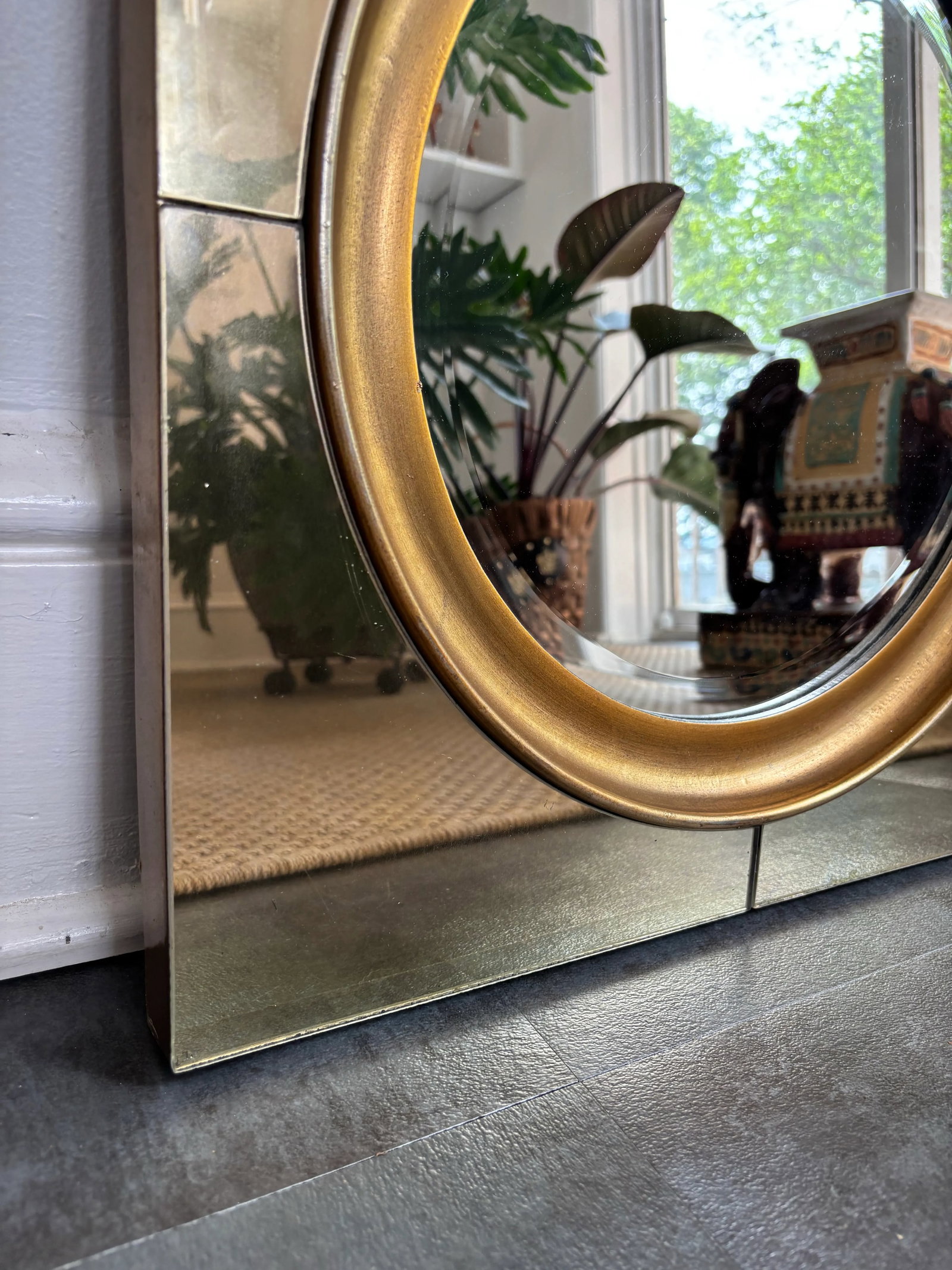 Uttermost Round Mirror on Square Glass and Brass Frame - 6