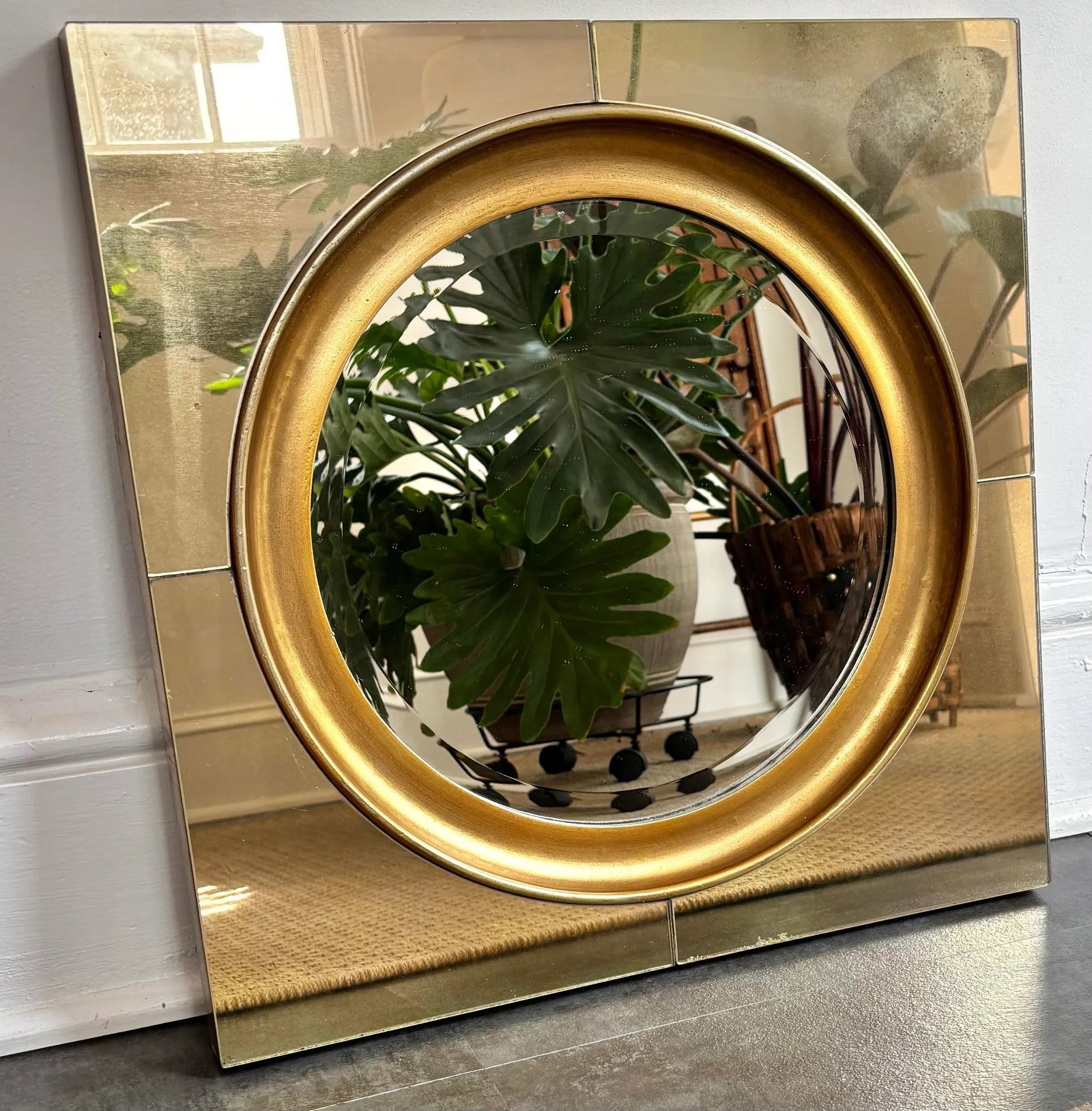 Uttermost Round Mirror on Square Glass and Brass Frame - 9