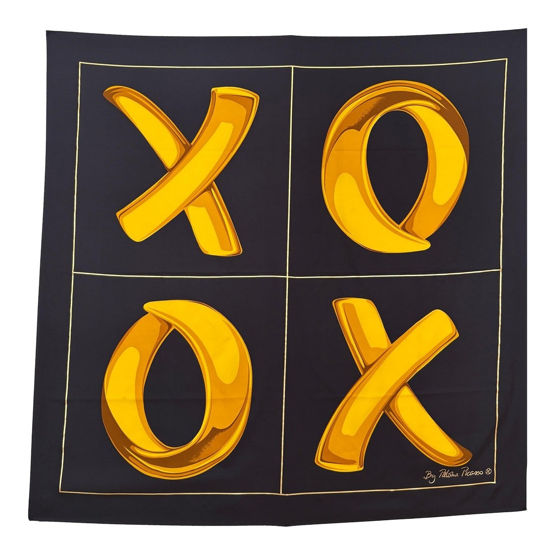 Paloma Picasso "XOXO" Black and Gold Silk Scarf Italy: Paloma Picasso "XOXO" Black and Gold Silk Scarf. Paloma Picasso wonderfully bold and whimsical "XOXO" "Love and Kisses " scarf. Hand rolled edges. Dimensions: 34 x 34.5 inches. All Silk Made in
