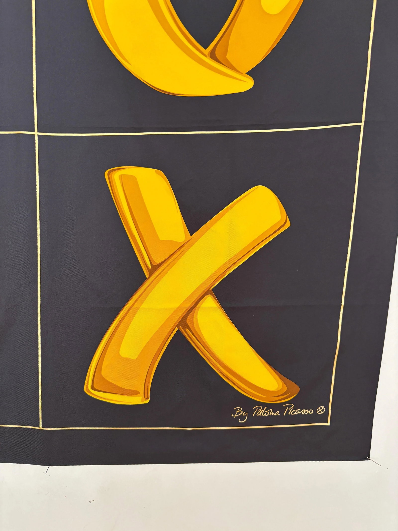 Paloma Picasso "XOXO" Black and Gold Silk Scarf Italy - 7