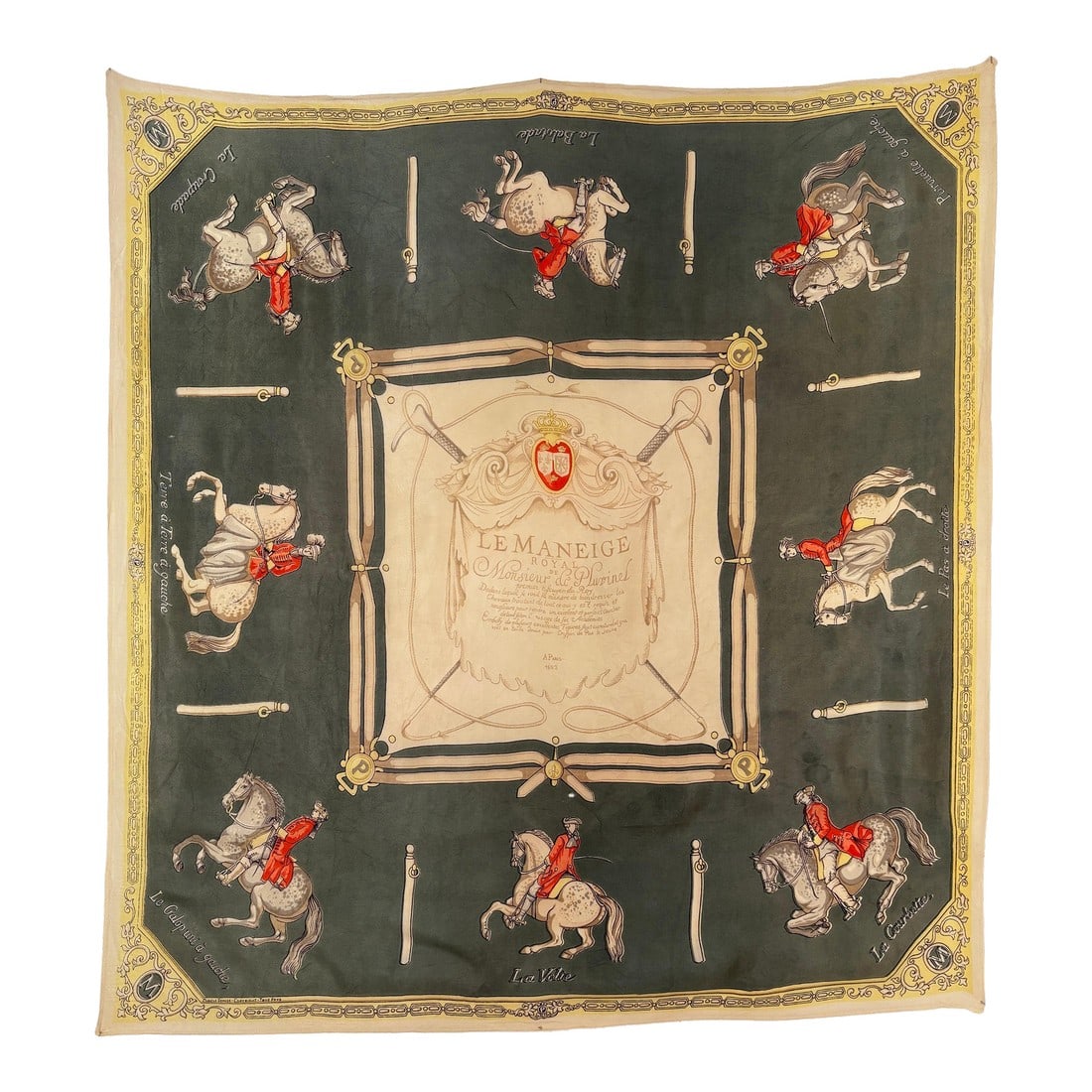 The Maneige Royal by Antoine de Pluvinel Silk Scarf: The Maneige Royal, or L'Instruction du Roy, by Antoine de Pluvinel, here painted on a silk scarf. Great to use framed as it is an old textile from the 1940s. In the middle with the Manuscript in