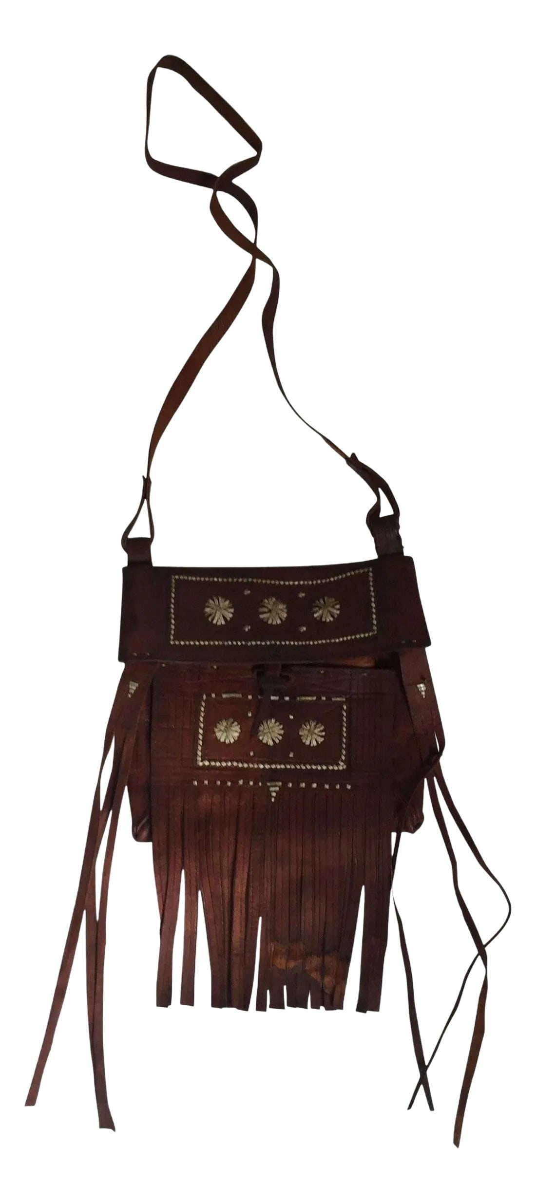 Moroccan Leather African Tuareg Crossbody Bag with Fringes 1970: Vintage 1970s African Moroccan leather handcrafted Tuareg bag with fringes. Authentic Real work of art hand made by the Berber tribes of Morocco. Tightly woven colorful leather strips make up an