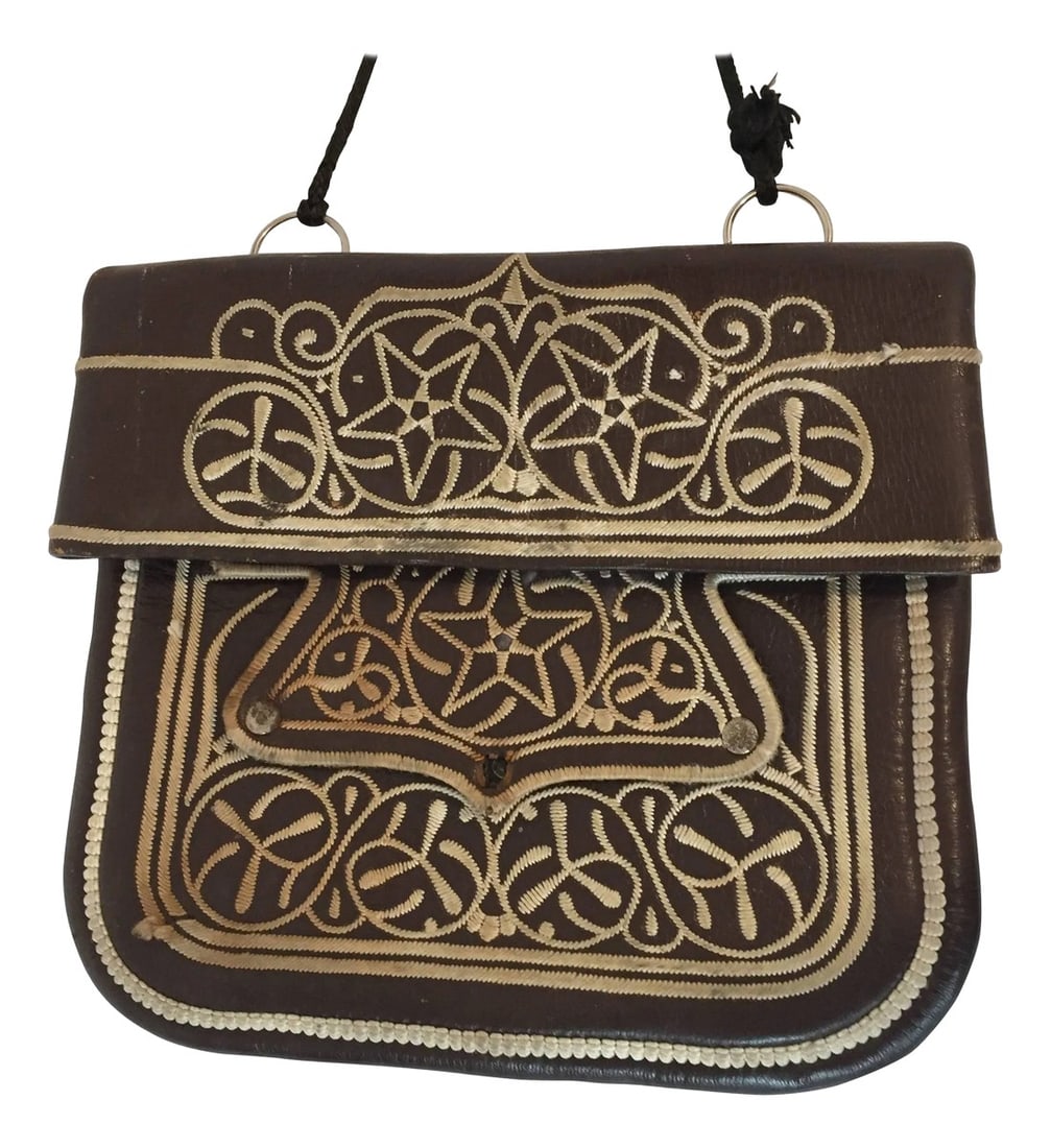 Vintage Moroccan Cross Body Leather African Bag: vintage ethnic Berber hand tooled and embroidered leather satchel shoulder cross body bag. Handcrafted by the Berber artisans from the Rif Mountains in North Morocco Africa. Great Moroccan ethnic