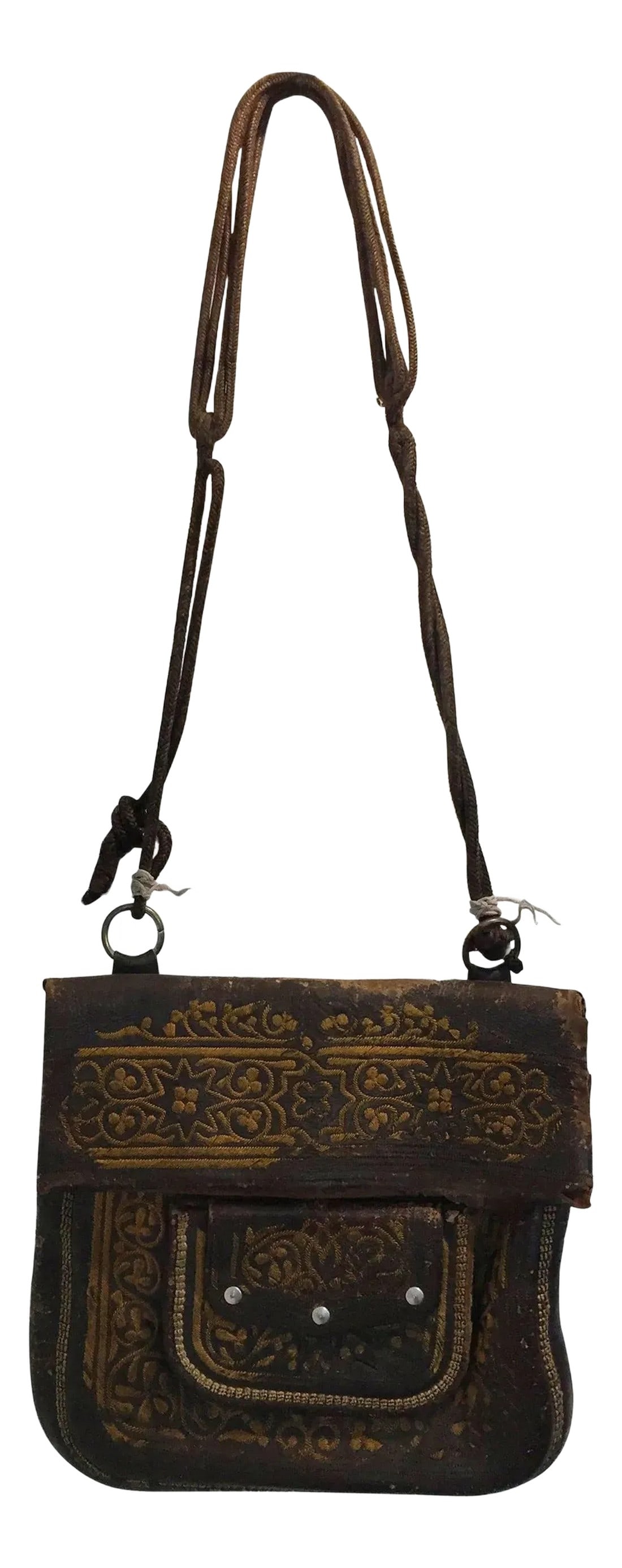 Old Hand Tooled Leather Moroccan Satchel Bag: Old leather African Moroccan satchel bag with flap decorated with tribal embroideries. Hand-tooled in Marrakech, this is an old antique man shoulder slim bag, merchants in Morocco when travelling used