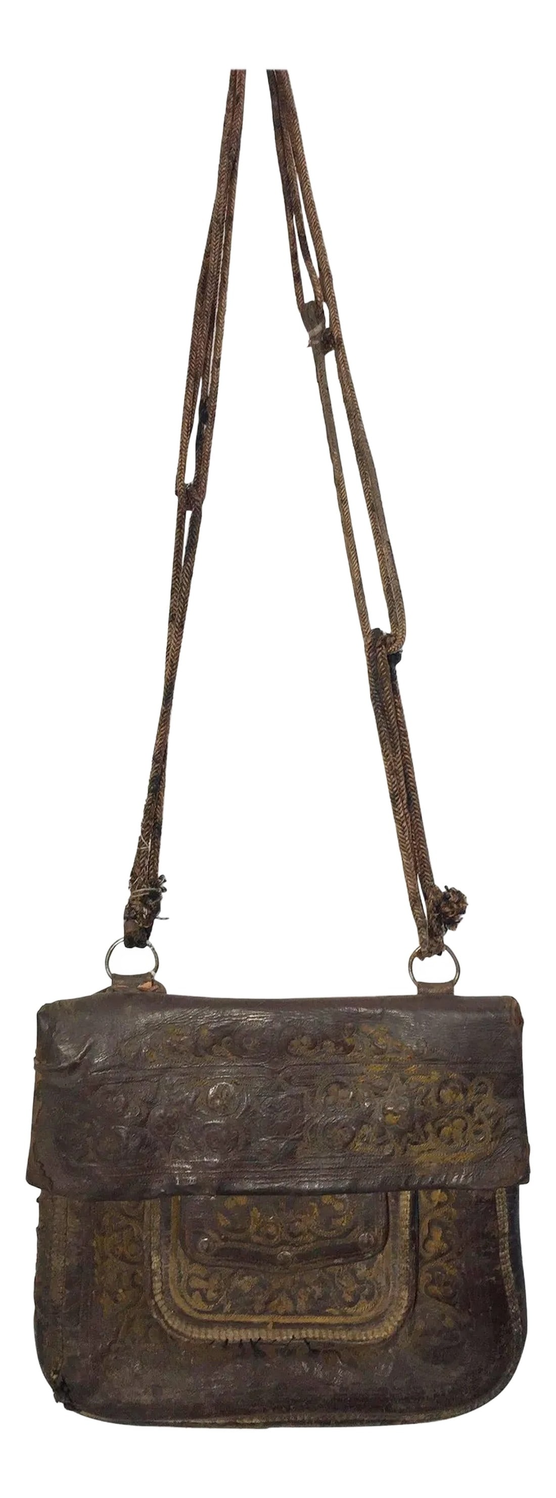 African Hand Tooled Leather Tribal Shoulder Bag: Antique leather African Moroccan satchel bag with flap decorated with tribal embroideries. Hand-tooled in Marrakech, this is an old antique shoulder slim bag, merchants in Morocco when traveling used 