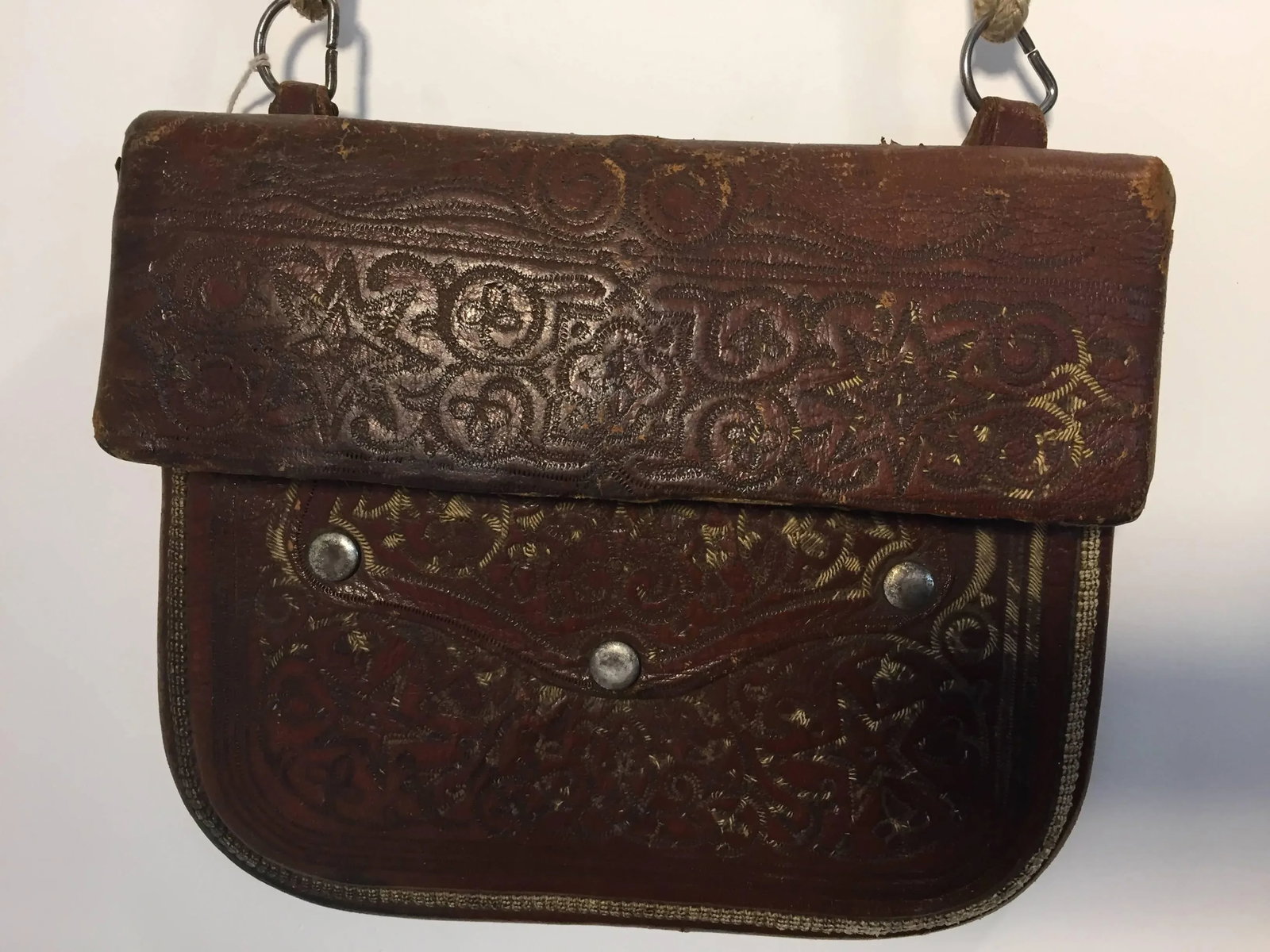 Antique Moroccan Hand Tooled Leather Berber Tribal Shoulder Bag - 2