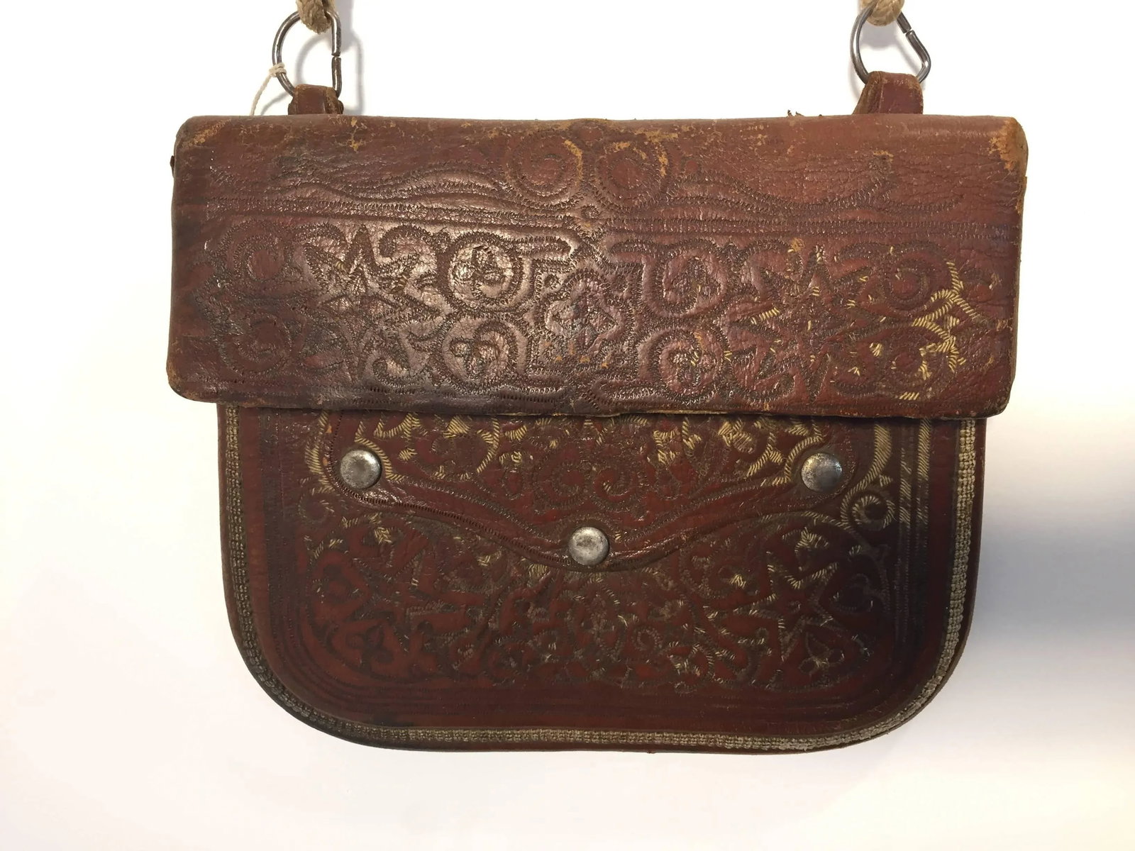 Antique Moroccan Hand Tooled Leather Berber Tribal Shoulder Bag - 4
