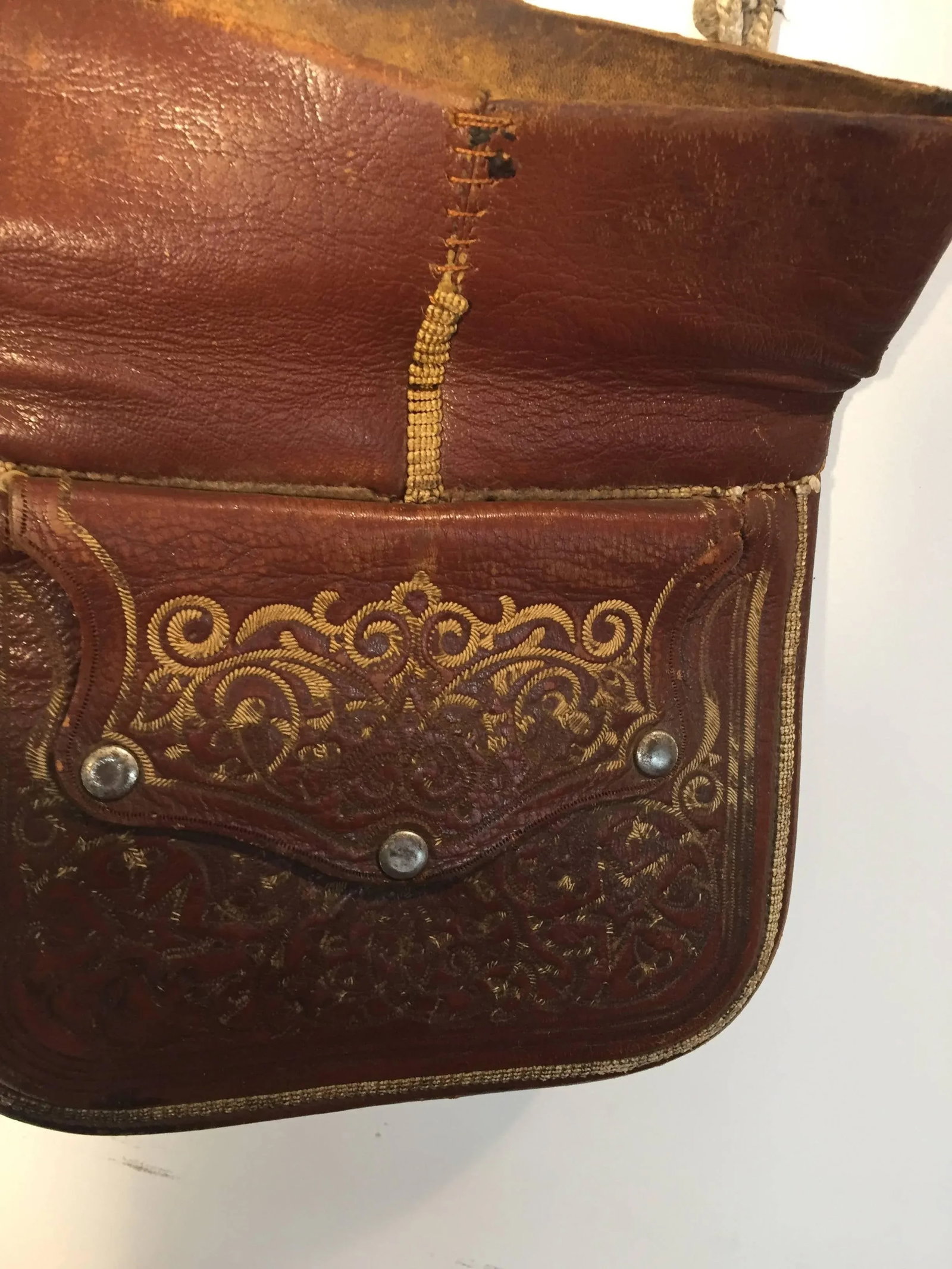 Antique Moroccan Hand Tooled Leather Berber Tribal Shoulder Bag - 5