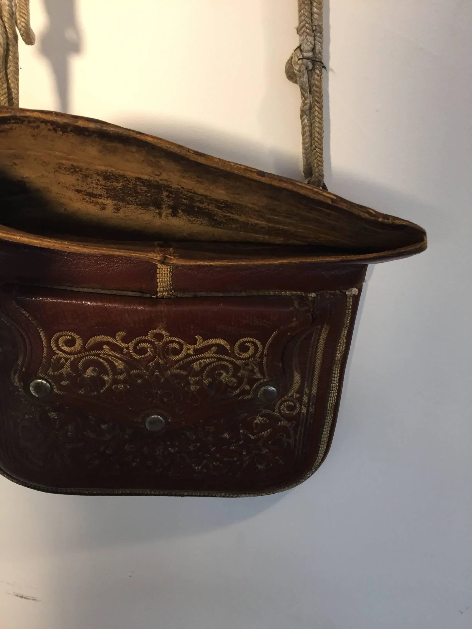 Antique Moroccan Hand Tooled Leather Berber Tribal Shoulder Bag - 6