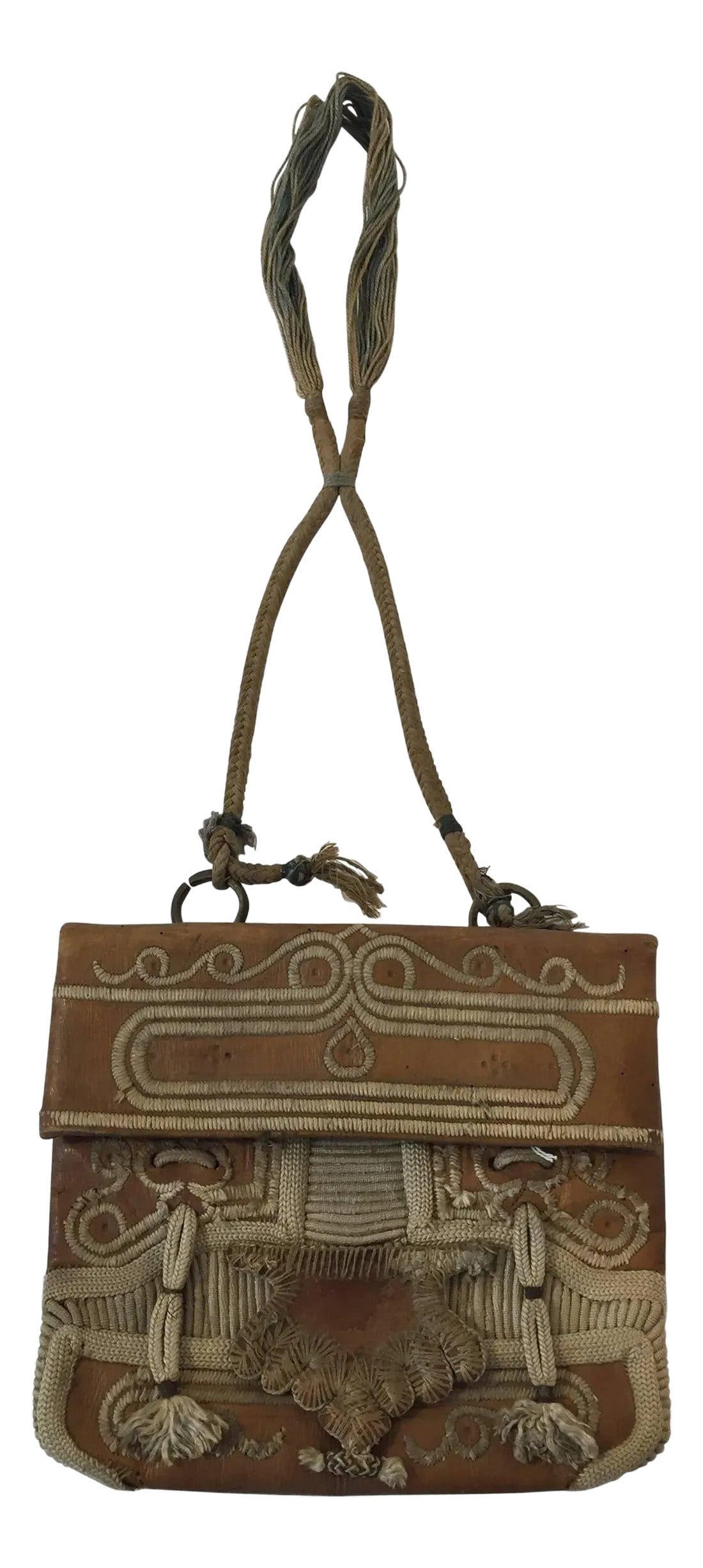 Hand Tooled Leather African Tribal Moroccan Shoulder Bag: Old leather African Moroccan satchel bag with flap decorated with tribal embroideries. Hand-tooled in Marrakech, this is an old antique man shoulder slim bag, merchants in Morocco when travelling used