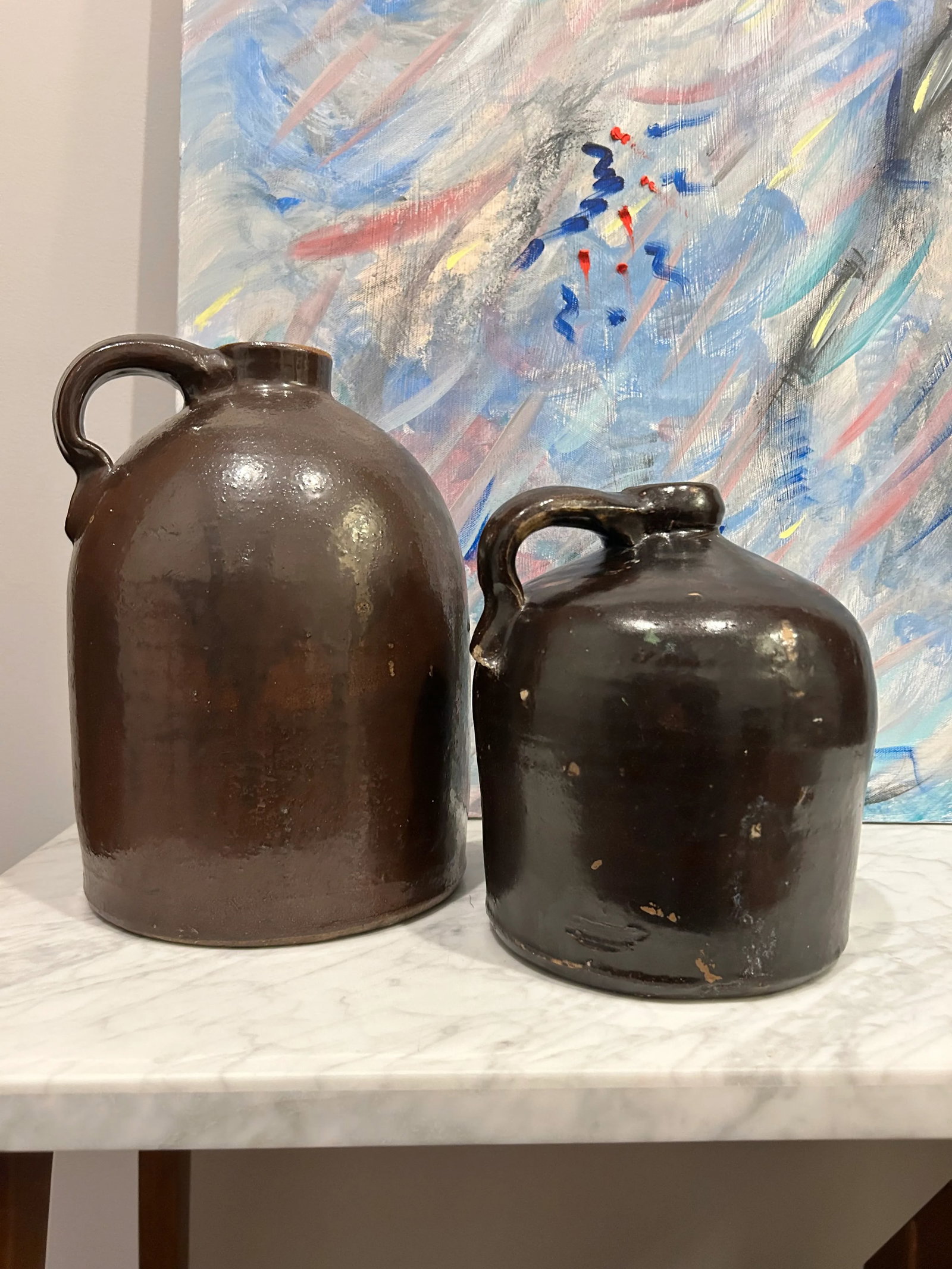 Antique Handcrafted Brown Stoneware Jug Pair - 2