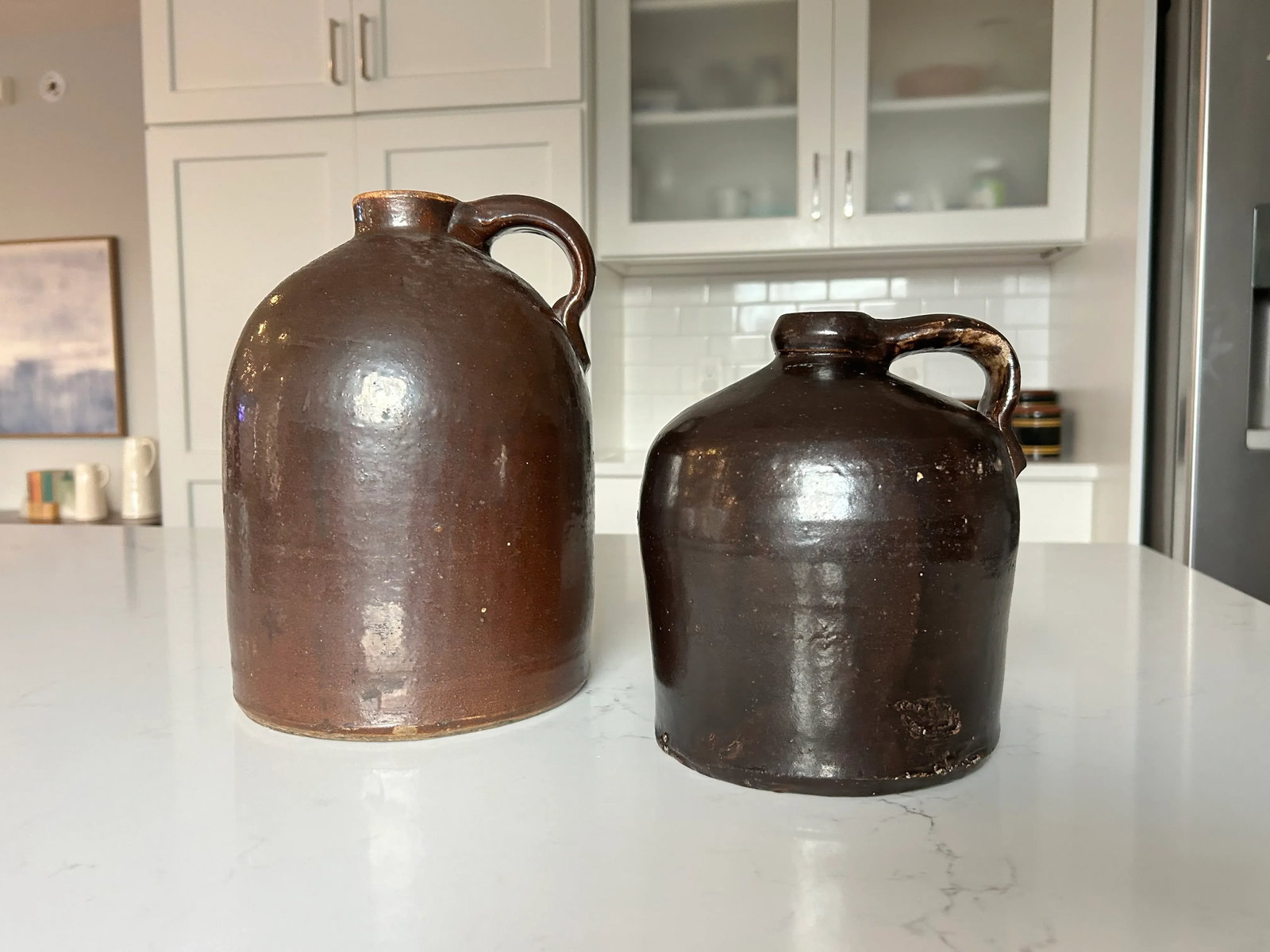 Antique Handcrafted Brown Stoneware Jug Pair - 3