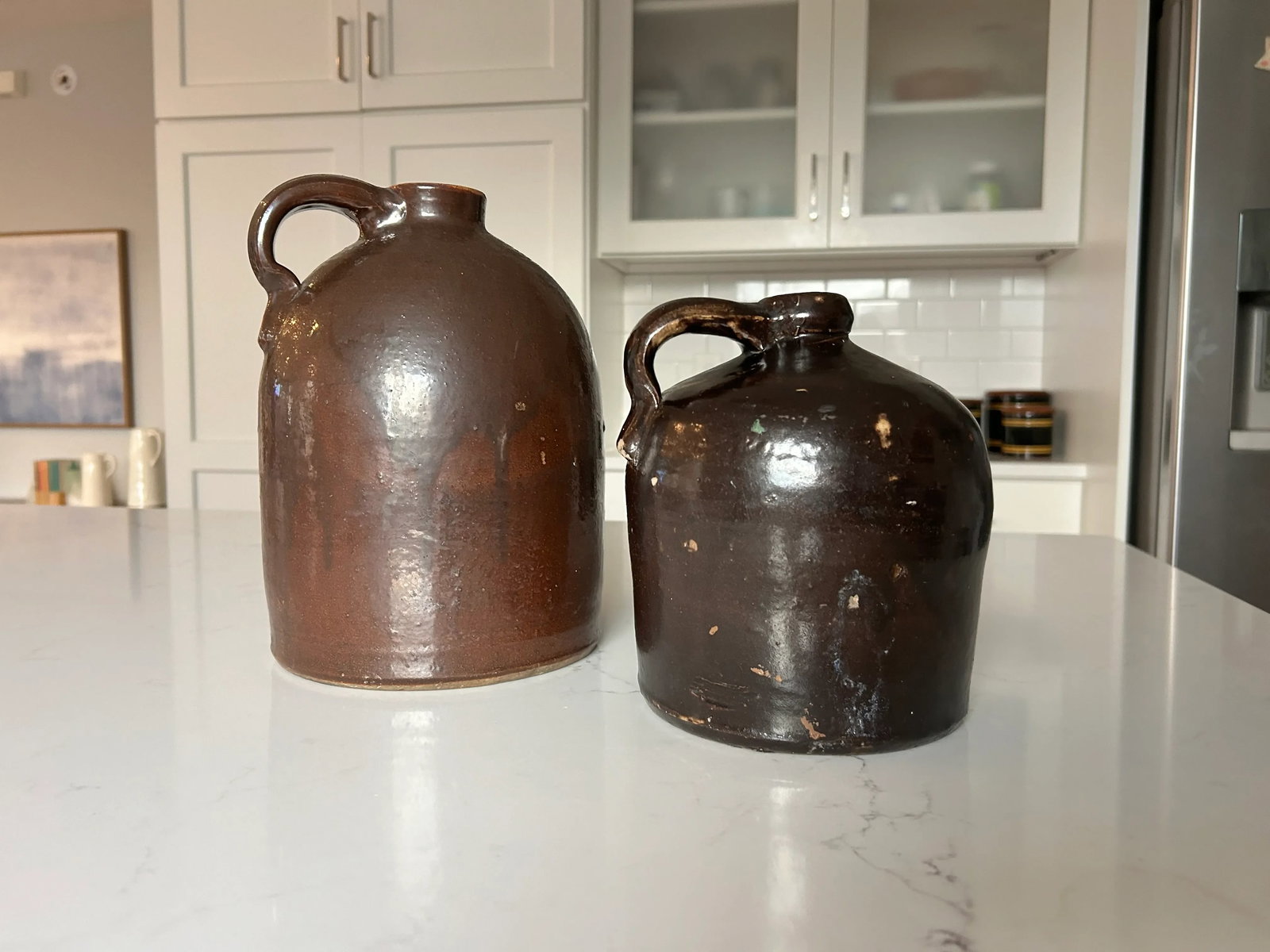 Antique Handcrafted Brown Stoneware Jug Pair - 4