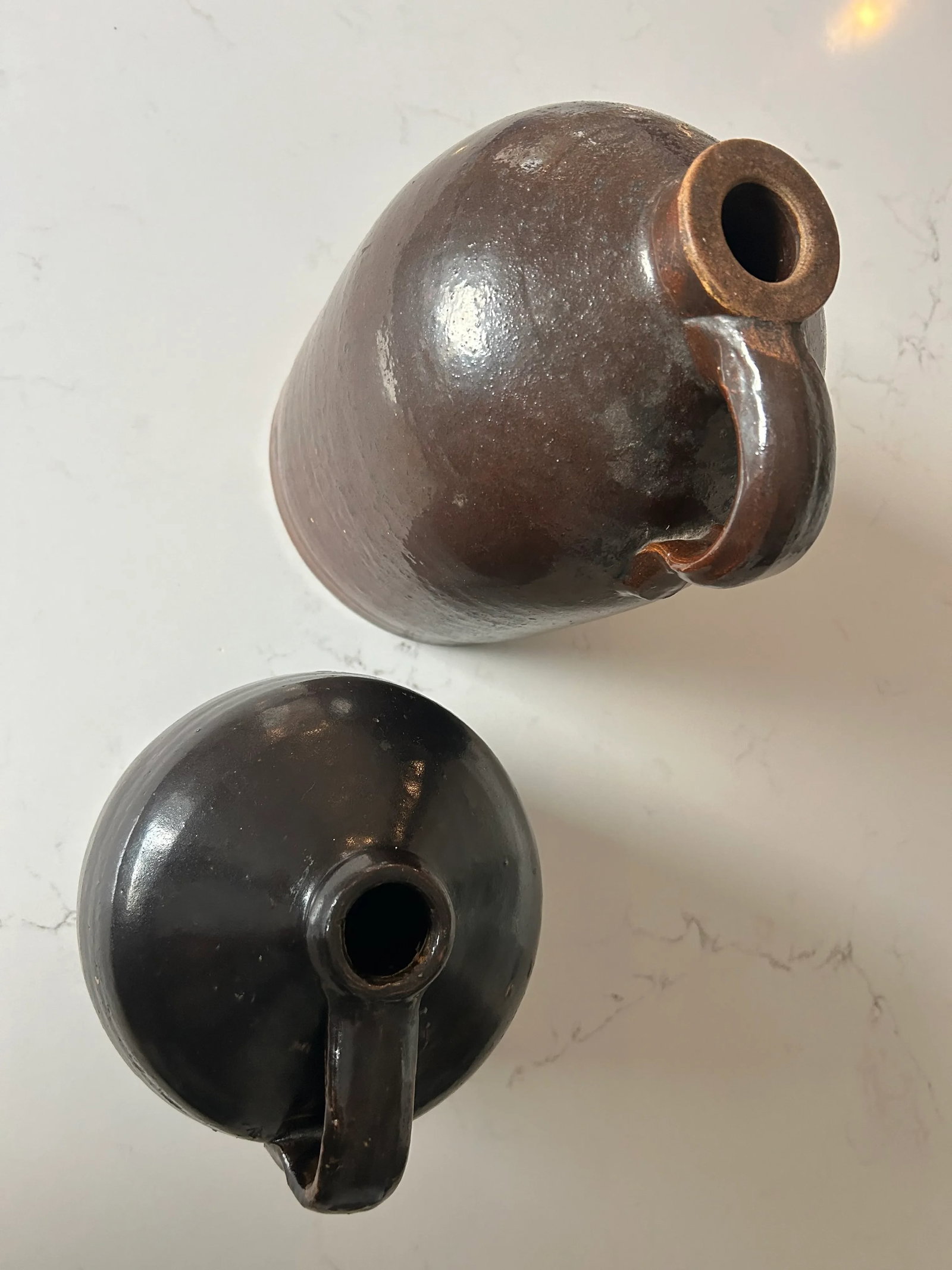 Antique Handcrafted Brown Stoneware Jug Pair - 5
