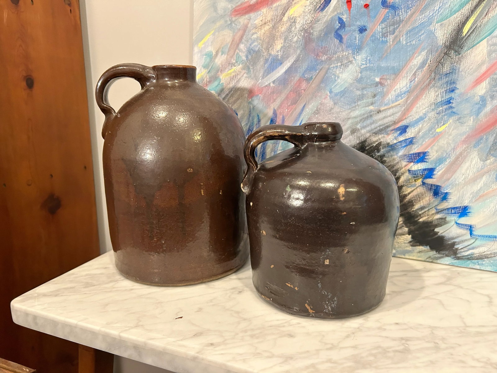 Antique Handcrafted Brown Stoneware Jug Pair - 7
