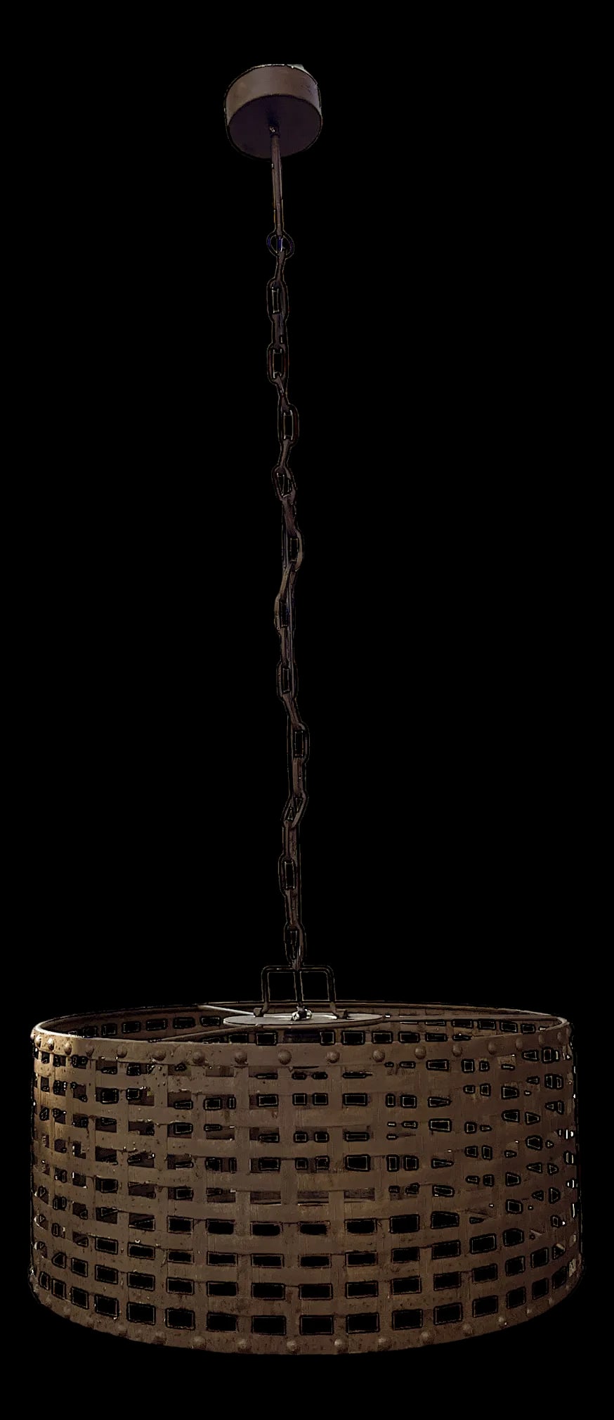 Rustic Riveted Oxidized Iron Metal Cage Barrel Pendant Light - 2