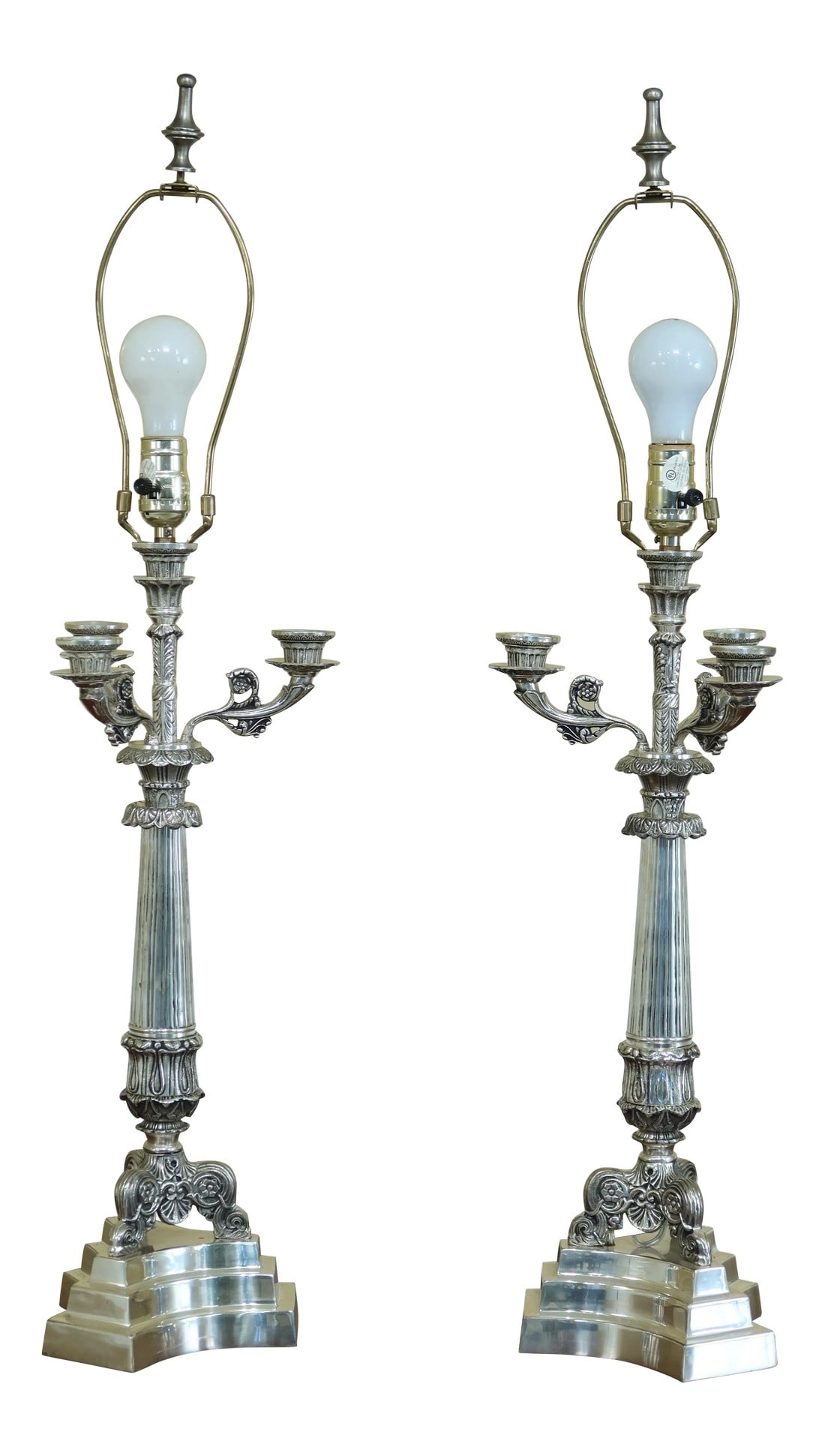 Currey & Co Silver Plated Bronze Candelabra Lamps - a Pair: C.2002 High Quality Construction Heavy Constructed Lamps Offered @ Fraction Original Retail Cost Condition: Excellent Clean Original Finish & Condition Size: 9w x 9d x 34h Condition: Alterations: