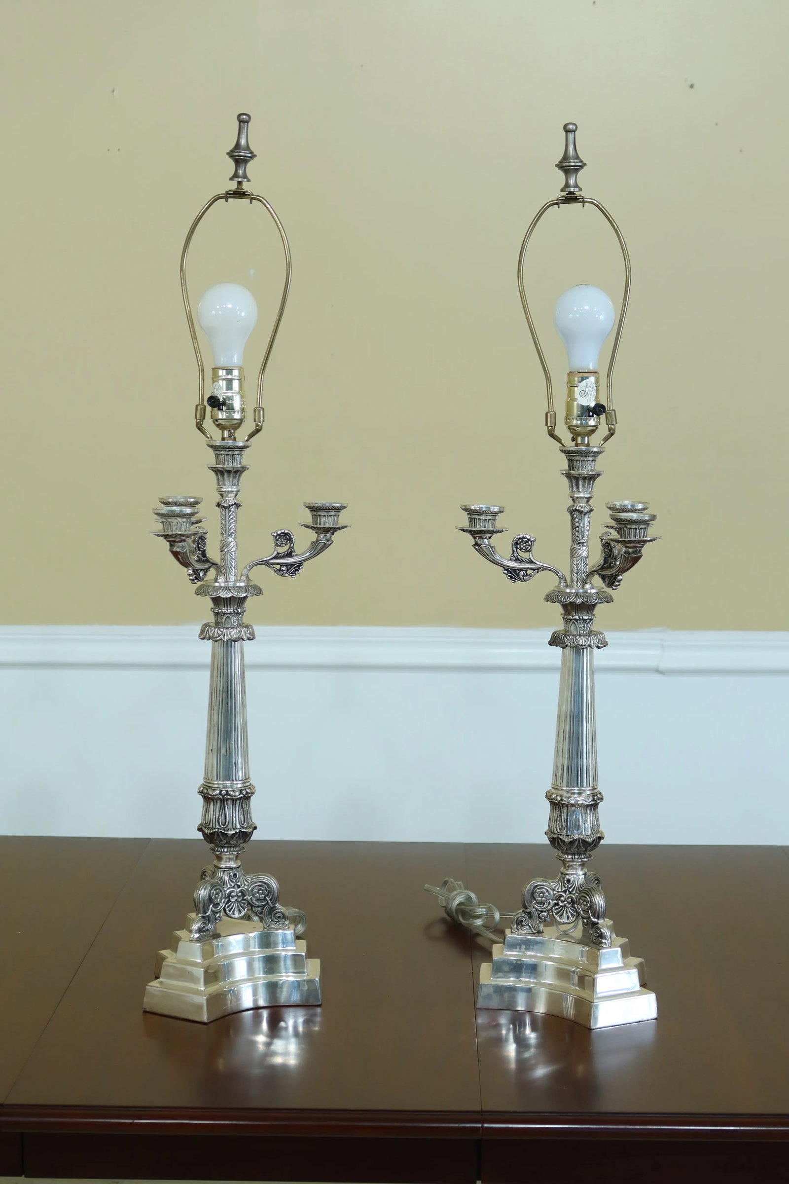Currey & Co Silver Plated Bronze Candelabra Lamps - a Pair - 8