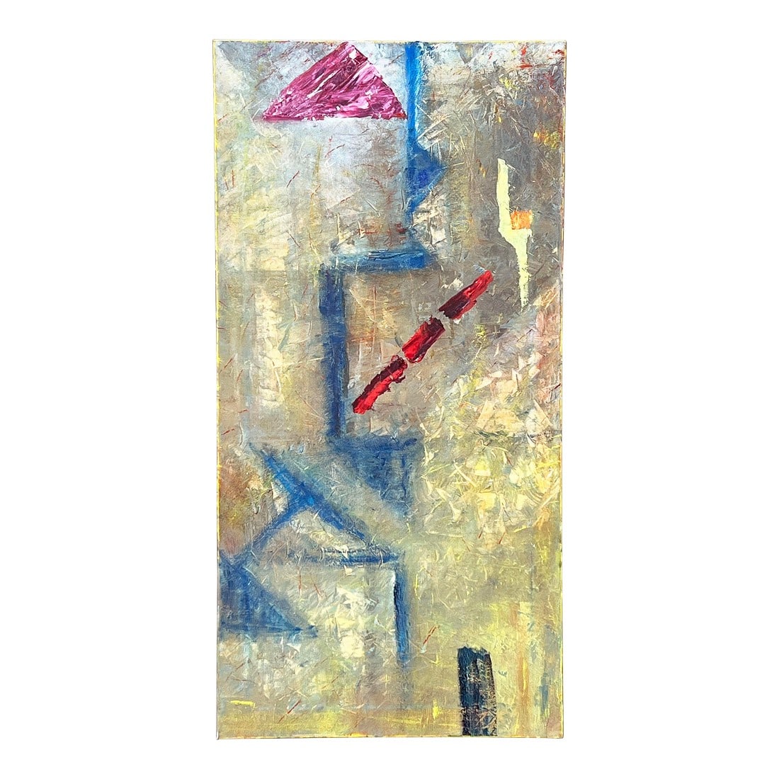 Mid Century Modern Style Geometric Abstract Expressionist Acrylic Painting on Canvas: This textured abstract painting features intersecting geometric forms and expressive brushwork in a subdued palette with pops of crimson and cobalt. The composition has a layered quality, with