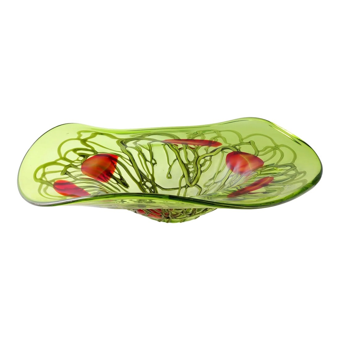 Large Art Nouveau Style Murano Glass Centerpiece Bowl: Striking Italian Murano art glass centerpiece bowl in vivid chartreuse green with ribbon-like red accents. Hand-blown with a deeply textured base and fluid, asymmetrical rim, the piece exemplifies mid