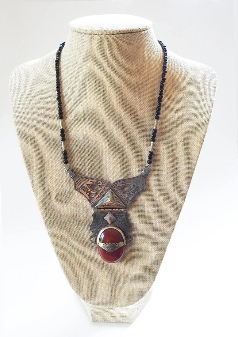 Vintage Tribal Carnelian and Silverplate Necklace - 3