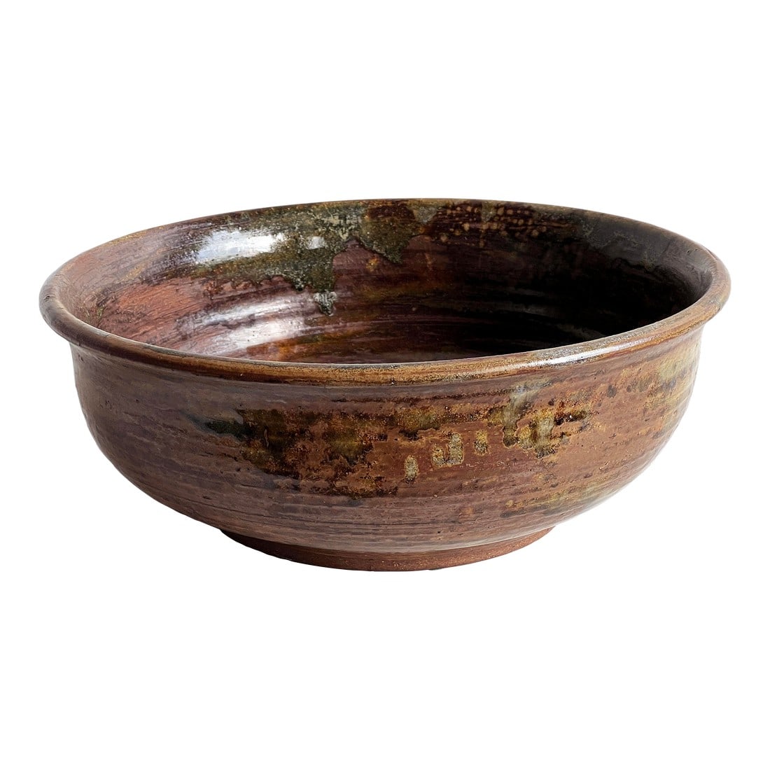 Large Signed Studio Pottery Bowl by John Gasper in Earthy Glaze Tones: This substantial studio pottery bowl by John Gasper has a rich, tactile surface with variegated glaze effects in earthy browns, mossy greens, and subtle ash tones. The hand-thrown form and spiraling