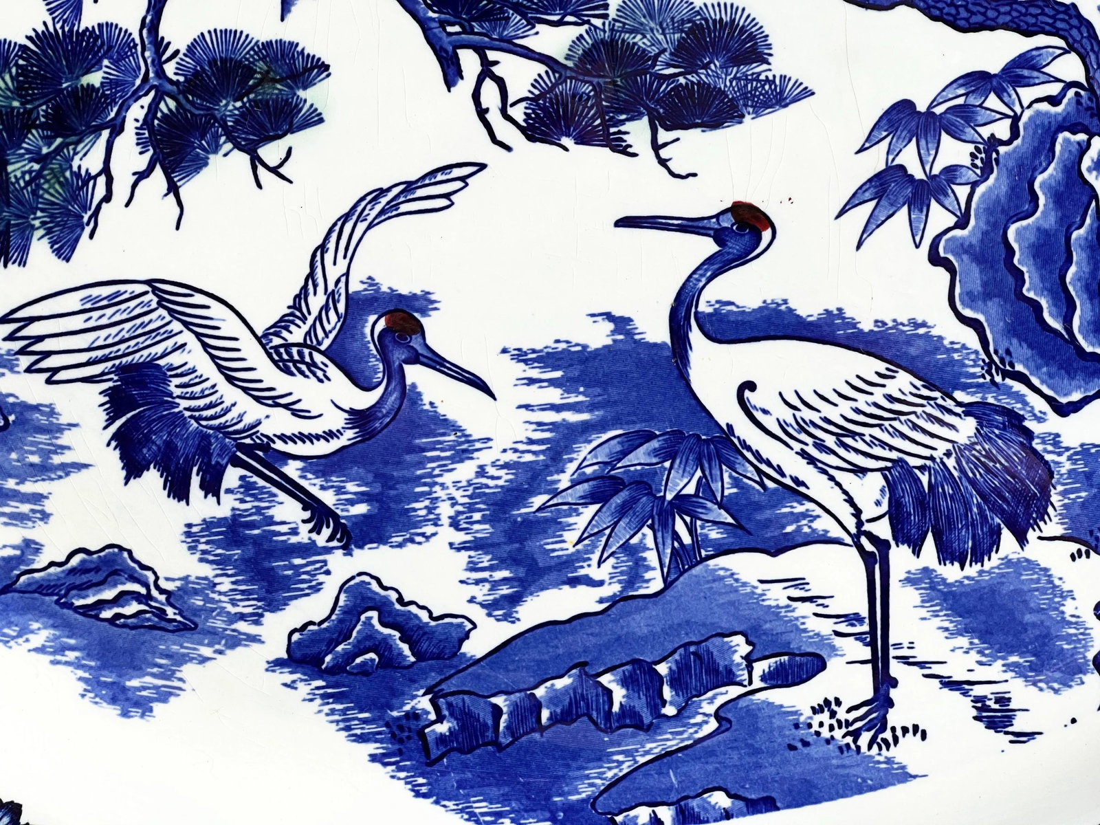 Antique Japanese Blue and White Porcelain Serving Platter With Cranes and Tree - 2