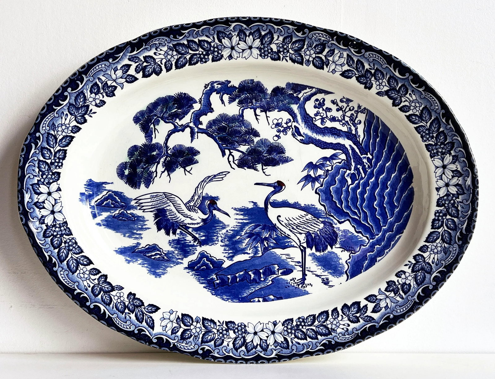 Antique Japanese Blue and White Porcelain Serving Platter With Cranes and Tree - 3
