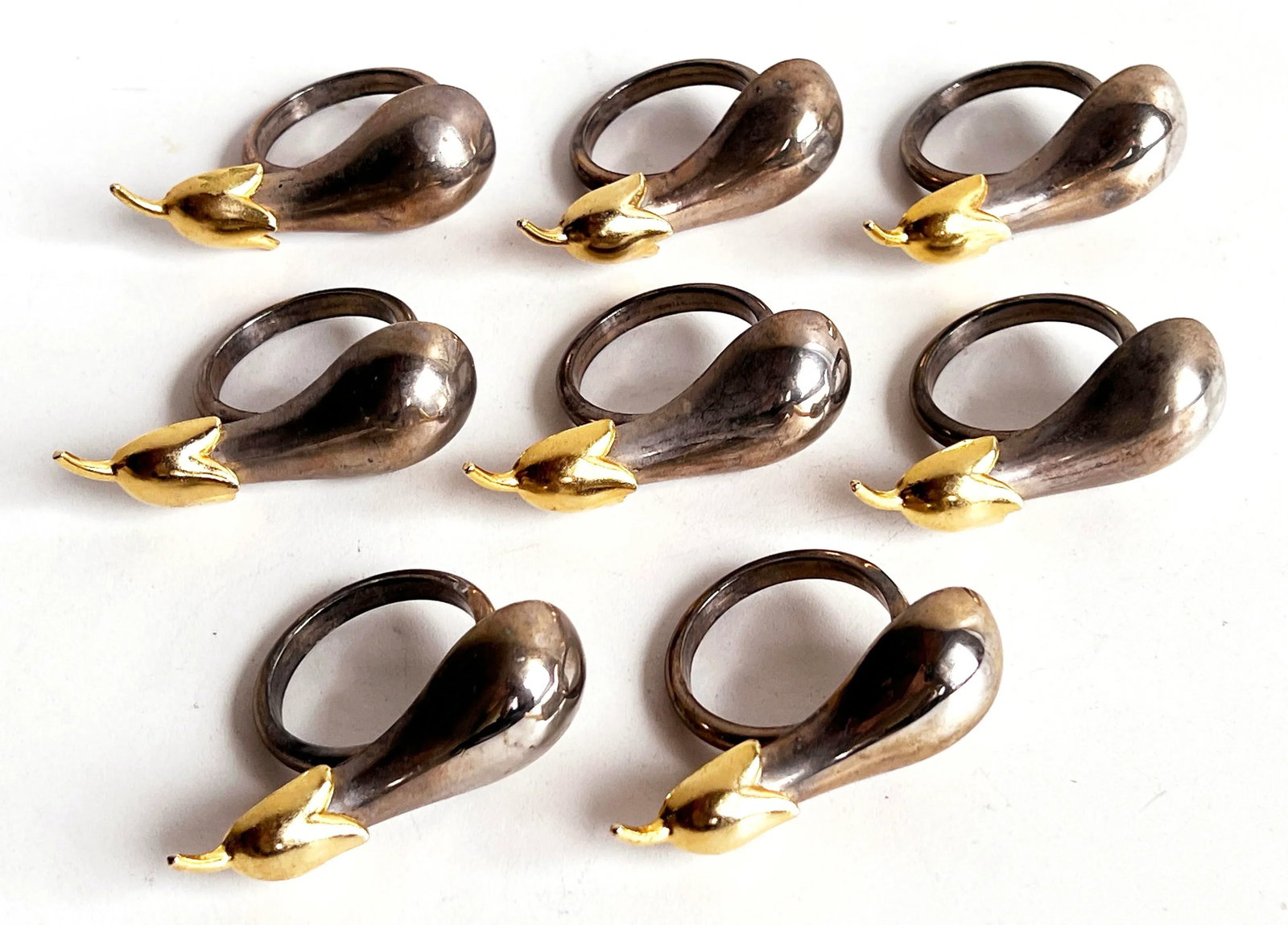Vintage Eggplant Form Napkin Rings in Silver Plate & Gold Brass - Set of 8 - 3
