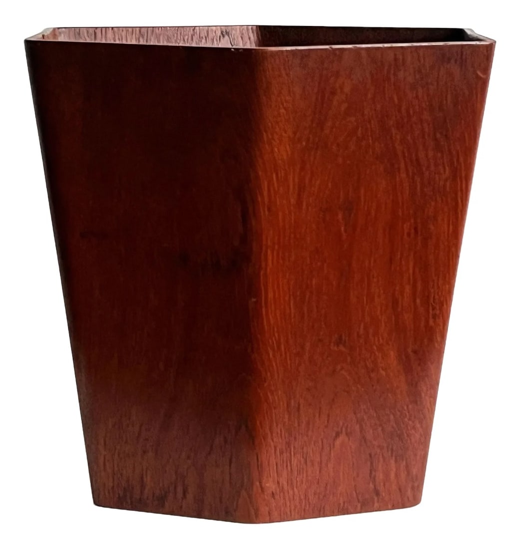 c.1960's Mid Century Danish Modern Teak Wastebasket by Rude Bonfils: Sculptural teak wastebasket by Rude Bonfils shows the refined craftsmanship of mid-century Danish design, with faceted panels and clean geometric lines that elevate an everyday object into a design st