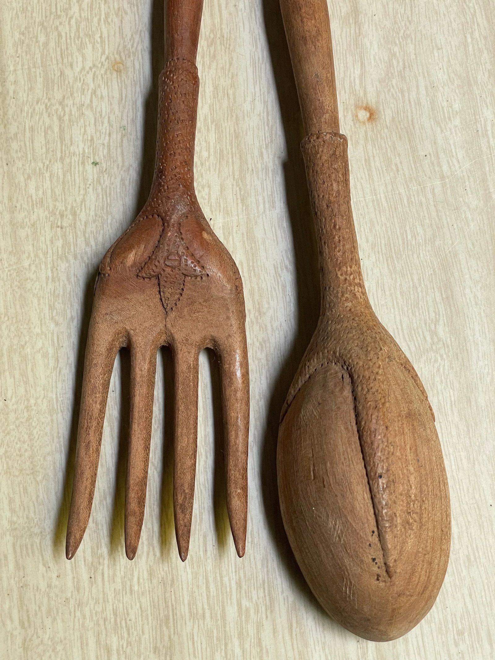 Mid 20th Century Hand Carved Country French Salad Spoon & Fork Folk Art Claw Talon- A Pair - 2