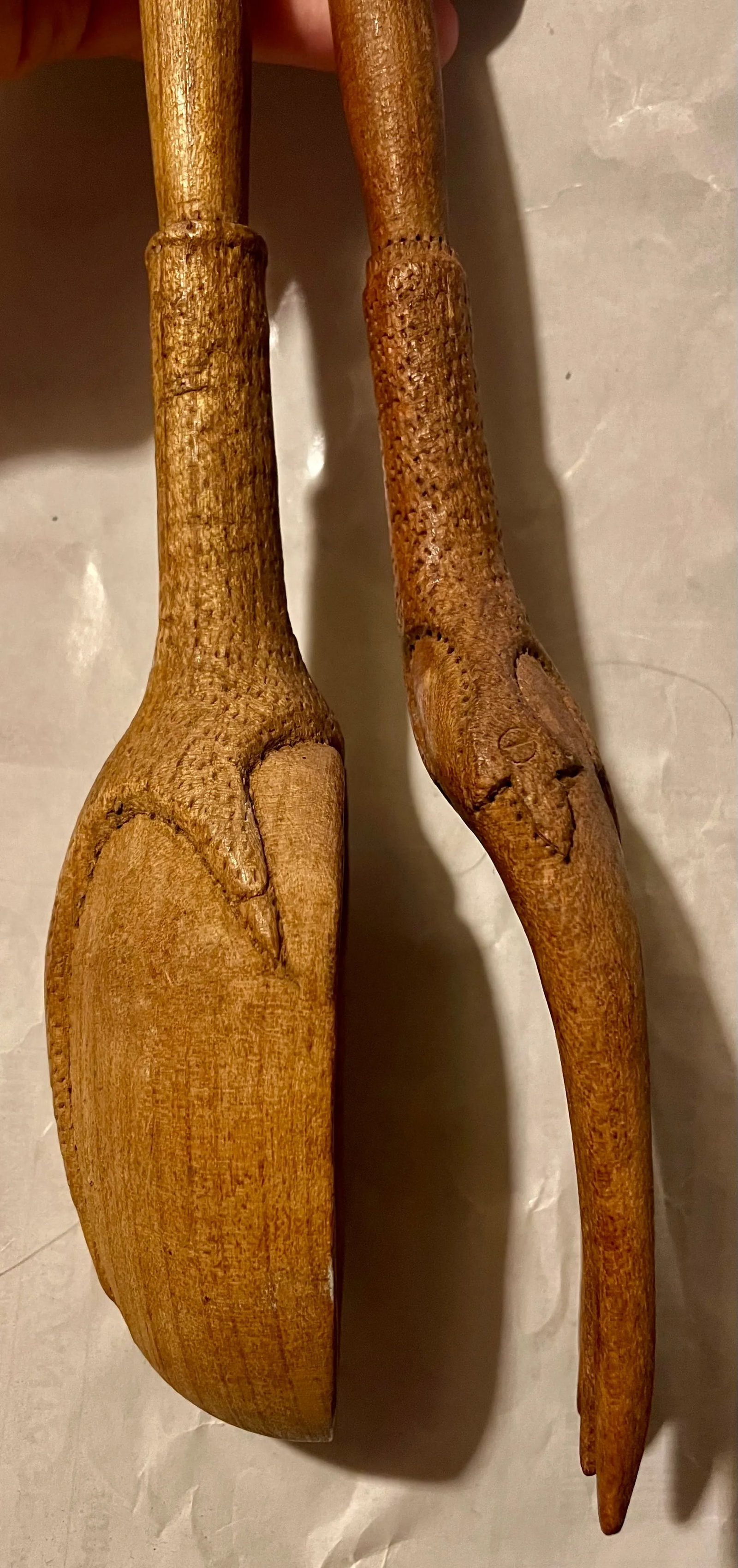Mid 20th Century Hand Carved Country French Salad Spoon & Fork Folk Art Claw Talon- A Pair - 4