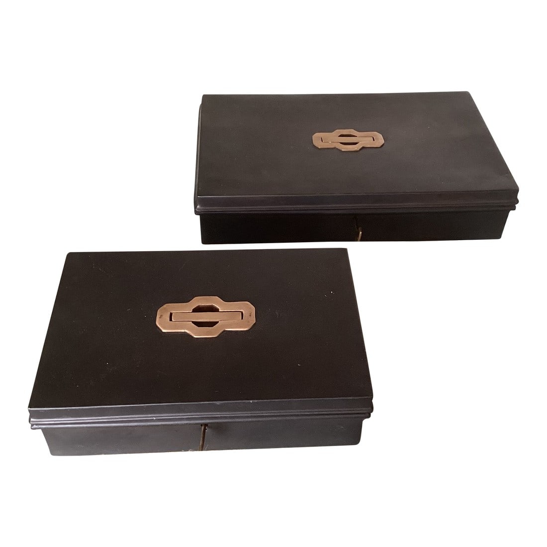 Late 20th Century Set of Two Metal Storage Boxes With Brass Handles and Working Keys: A gorgeous set of 2 rectangular metal storage boxes that feature extendable brass handles on the lids. Each box comes with a brass key to keep your valuables safe. Dark black finish with rust