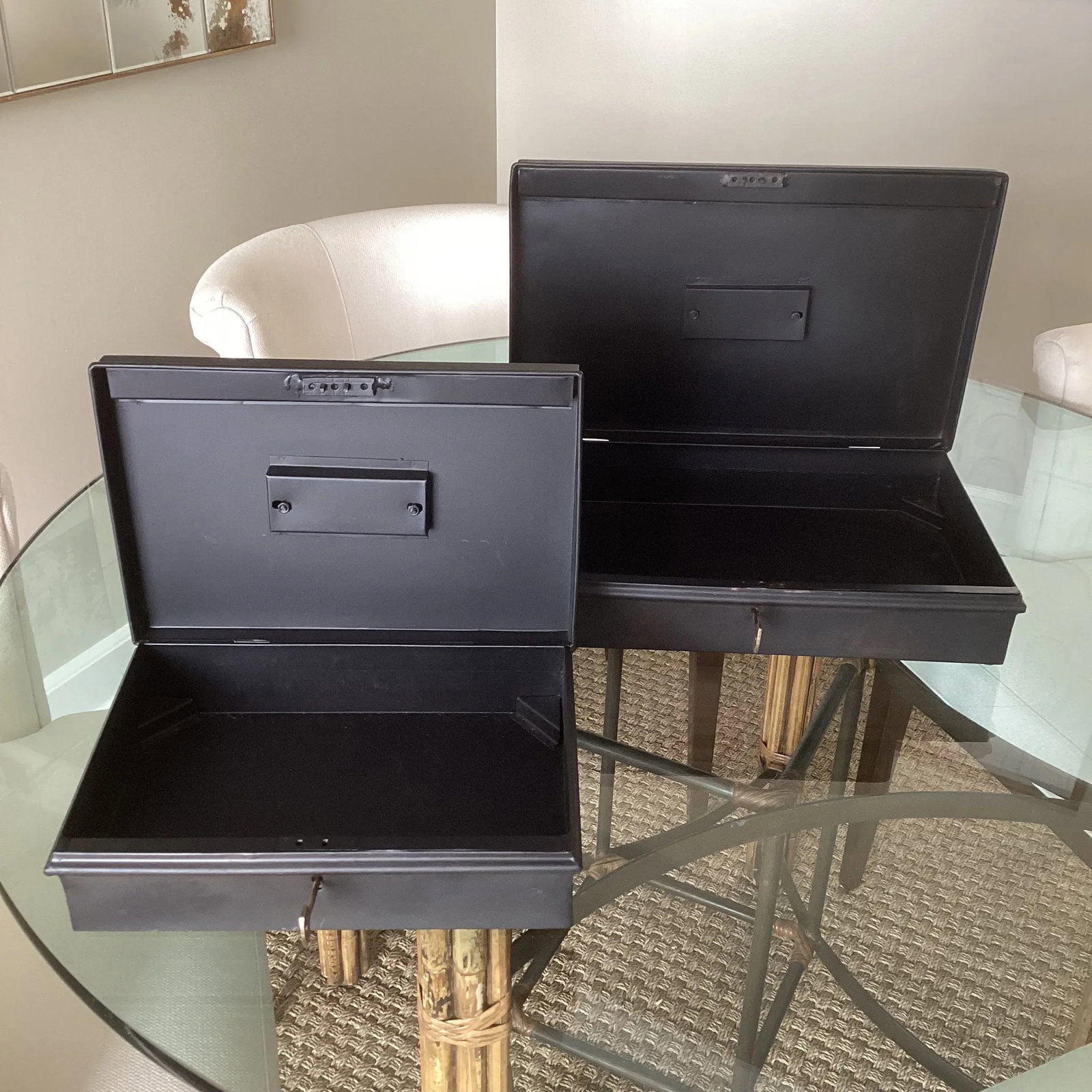 Late 20th Century Set of Two Metal Storage Boxes With Brass Handles and Working Keys - 9